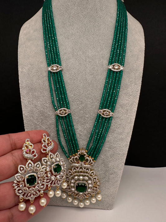 CZ Beads Peacock Long Color Stone Necklace - Green