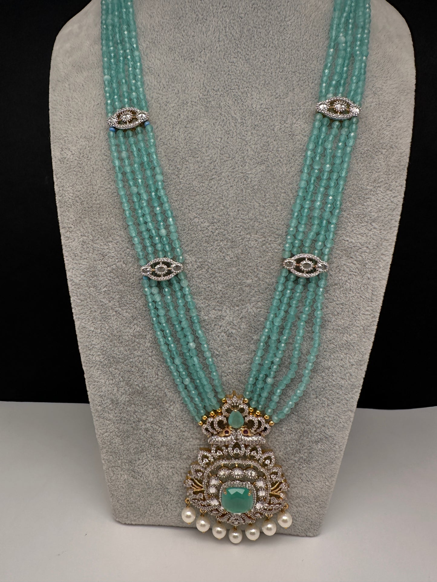 CZ Beads Peacock Long Color Stone Necklace - MintGreen