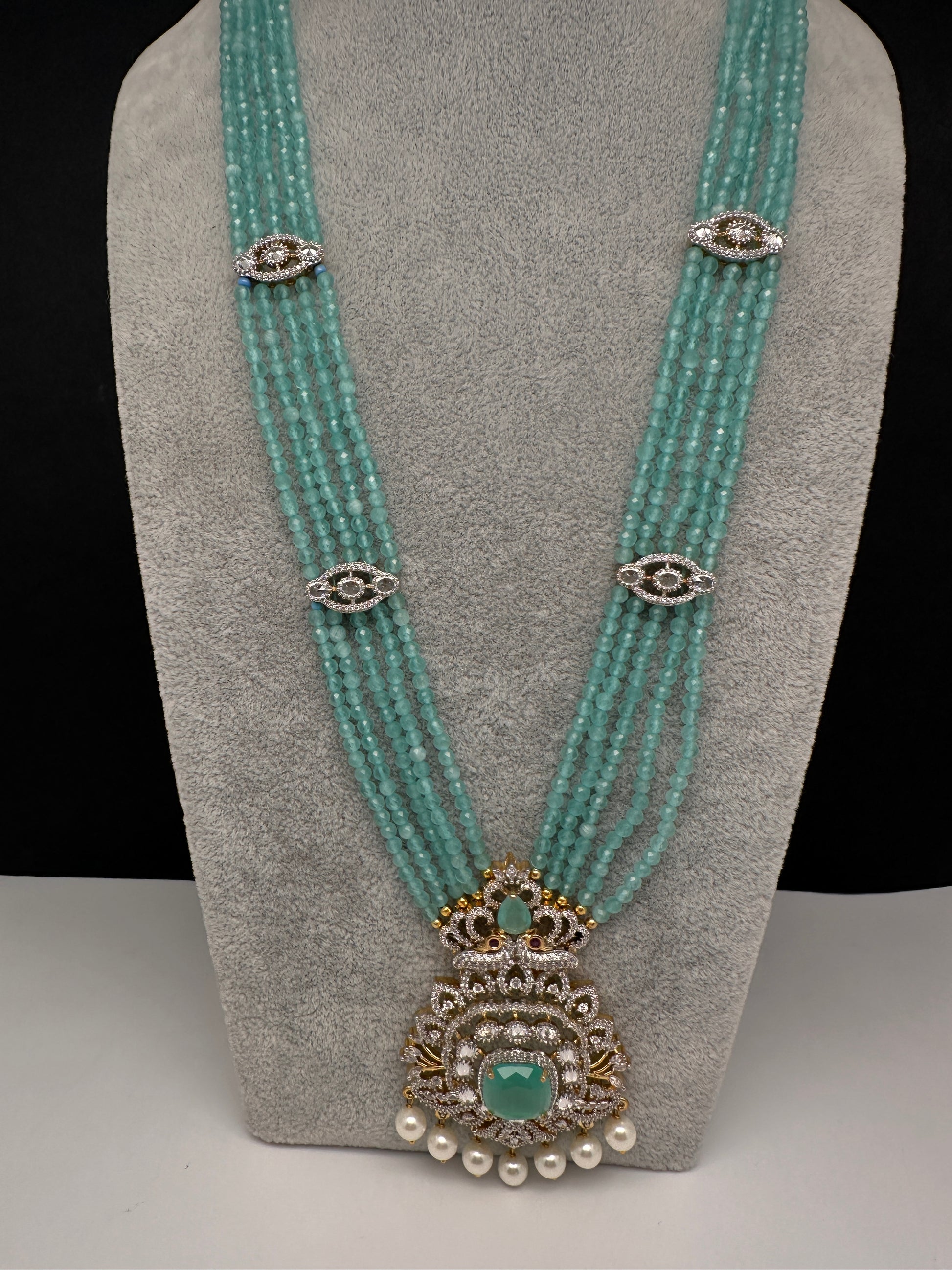 CZ Beads Peacock Long Color Stone Necklace - MintGreen