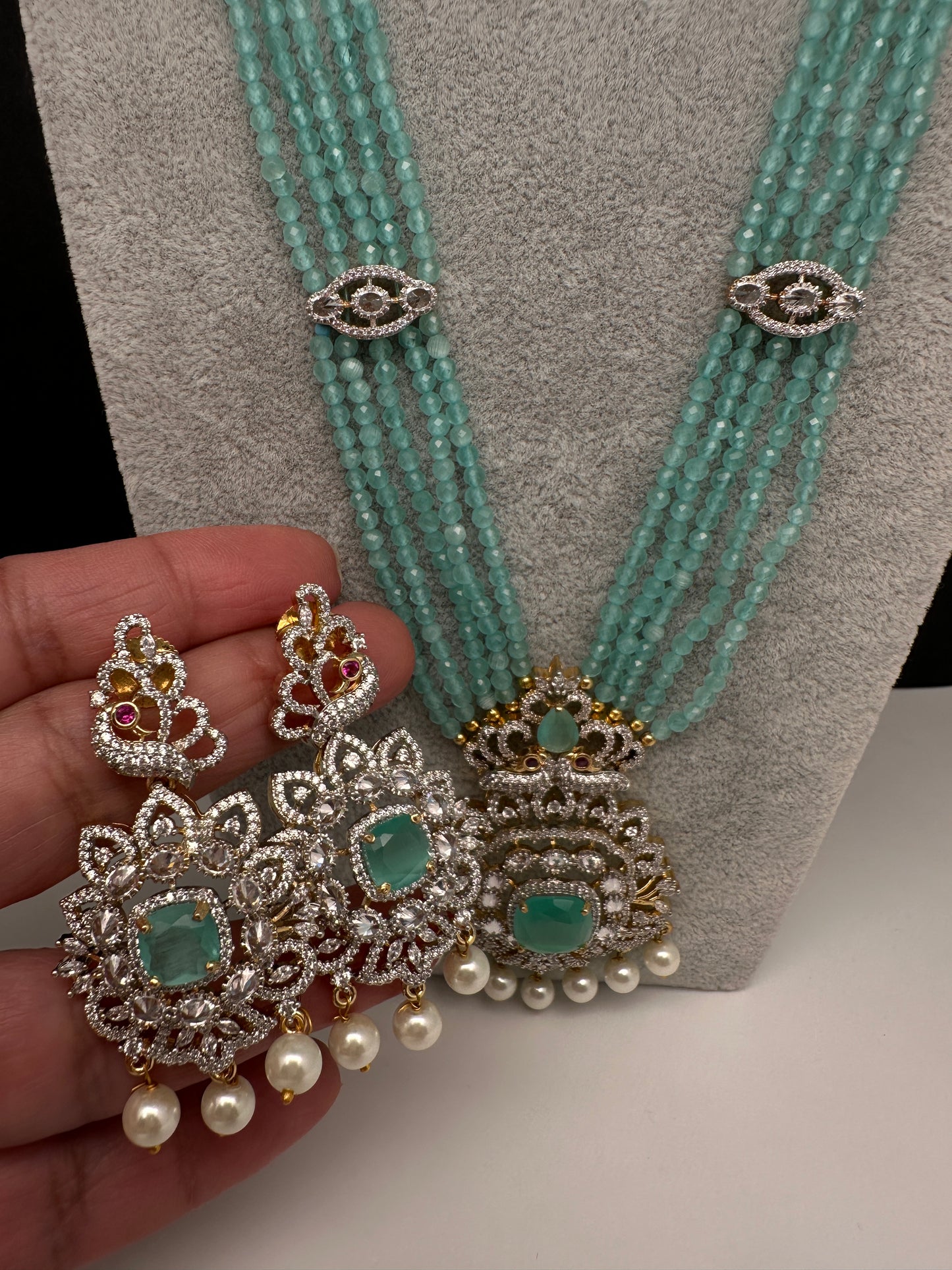 CZ Beads Peacock Long Color Stone Necklace - MintGreen