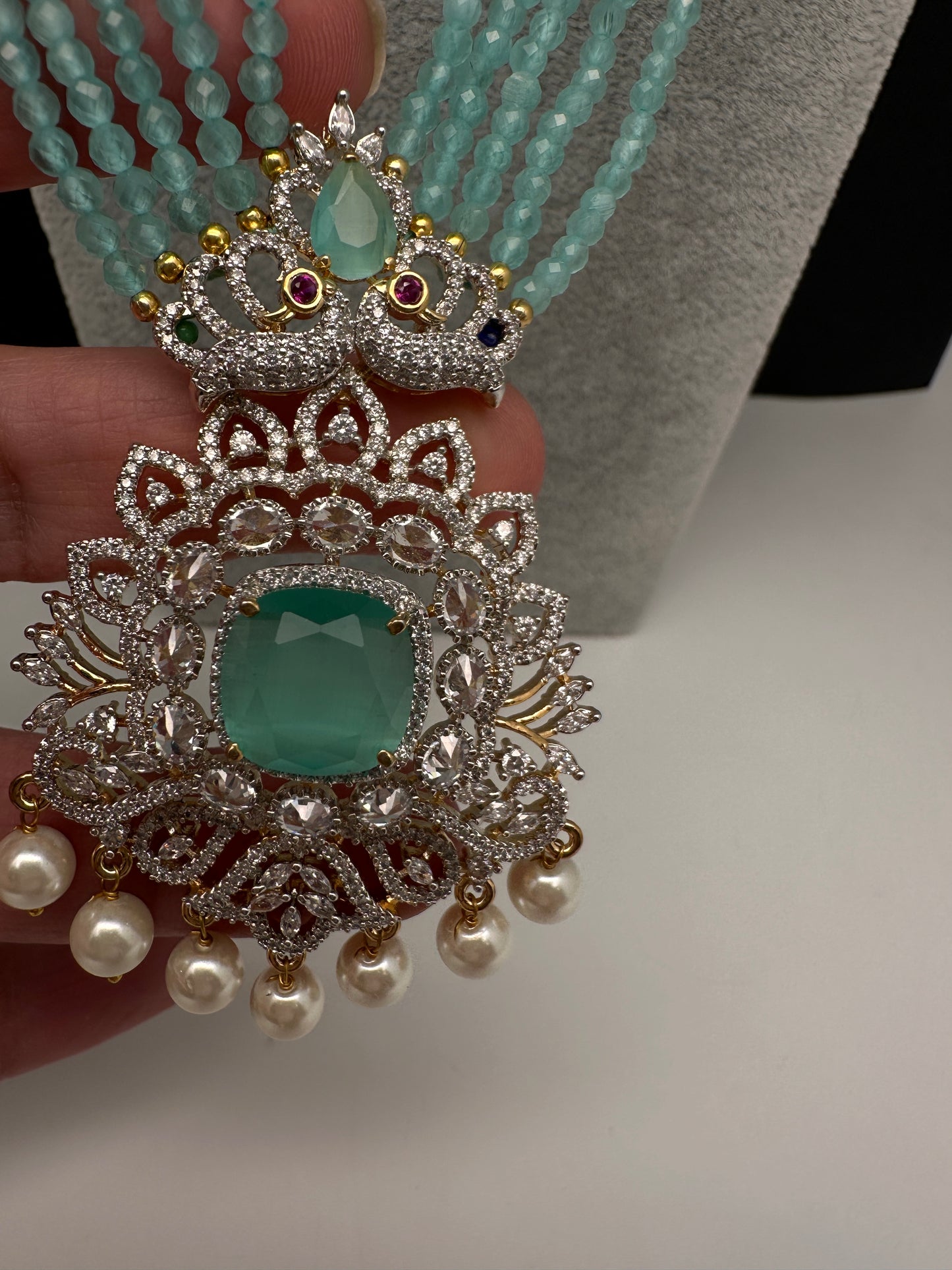 CZ Beads Peacock Long Color Stone Necklace - MintGreen
