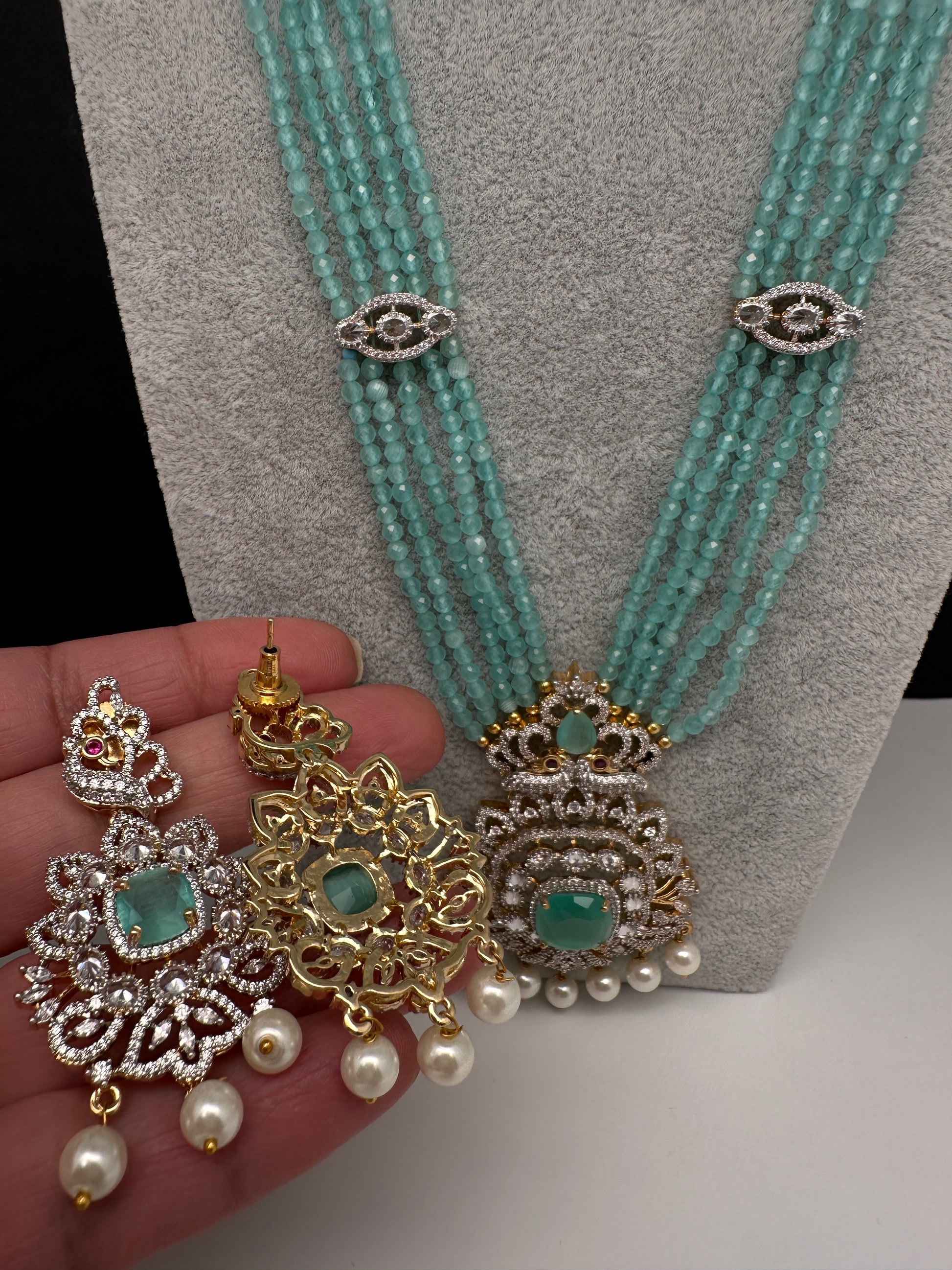 CZ Beads Peacock Long Color Stone Necklace - MintGreen