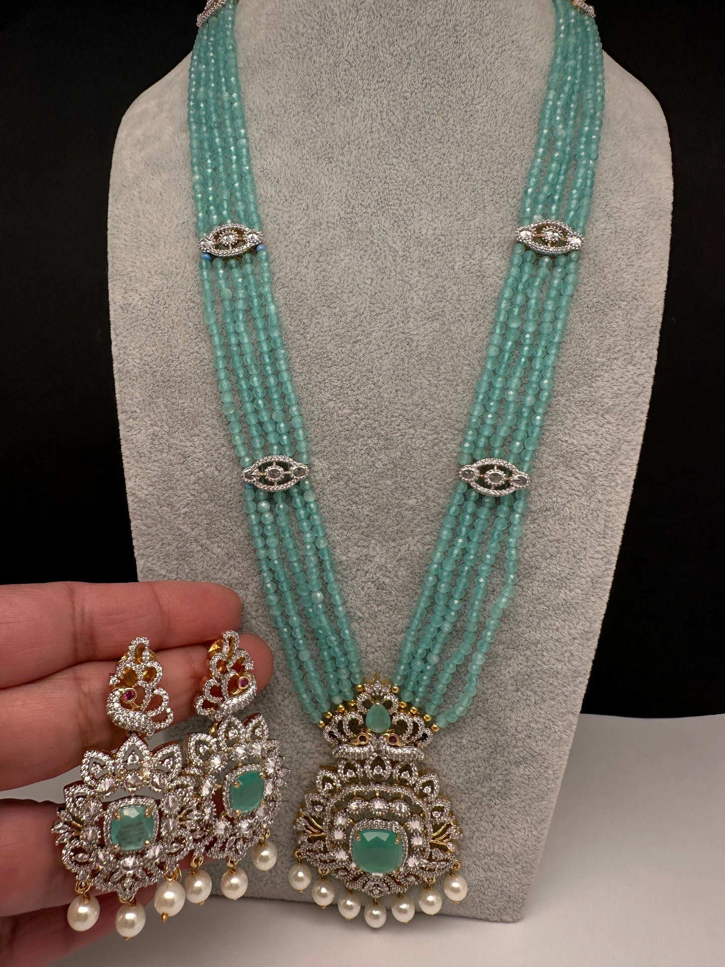 CZ Beads Peacock Long Color Stone Necklace - MintGreen