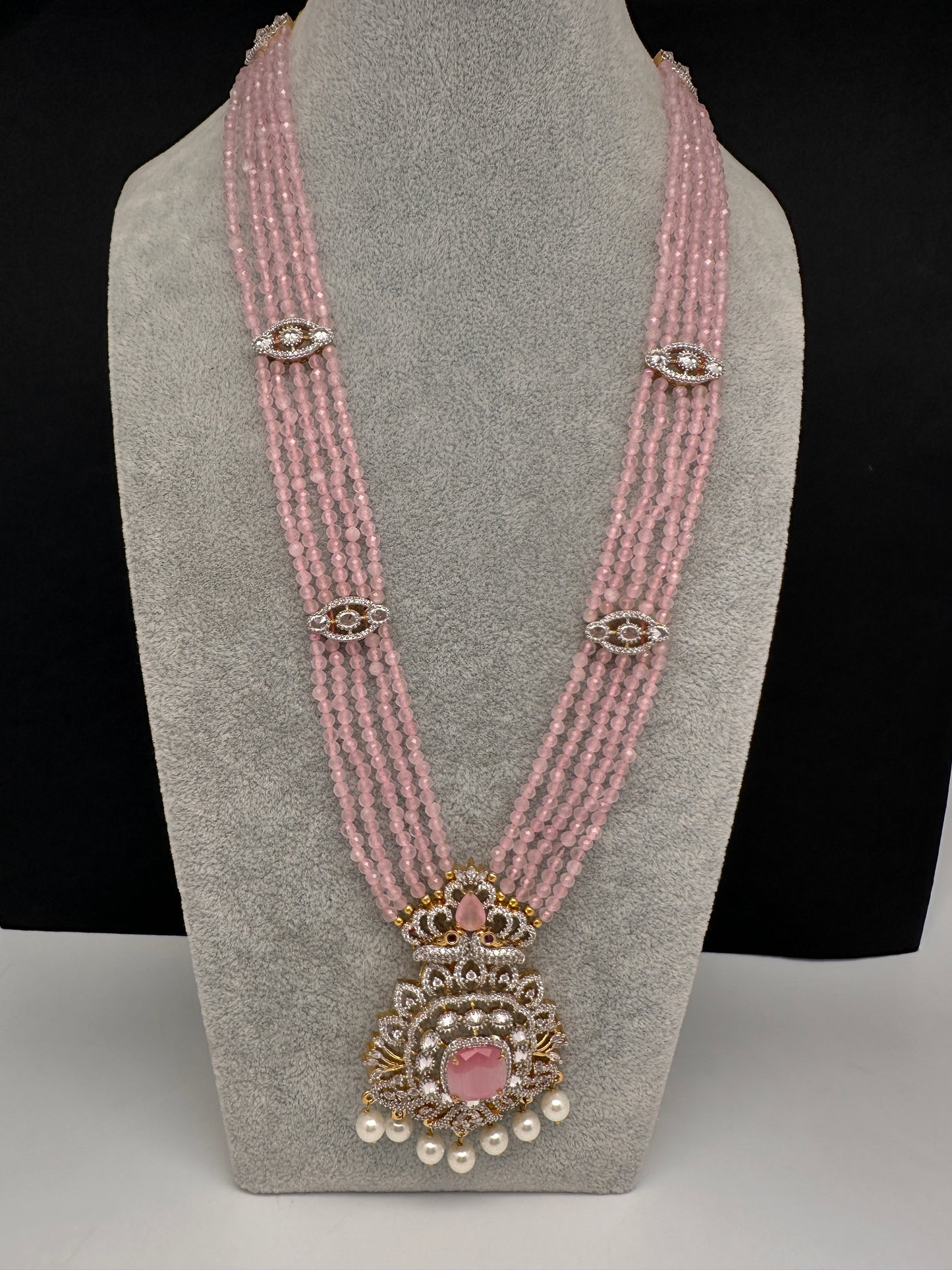 CZ Beads Peacock Long Color Stone Necklace - Pink