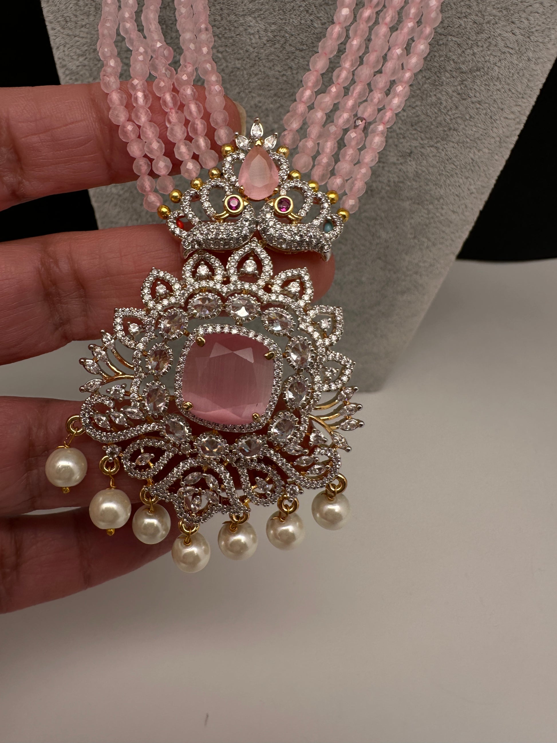 CZ Beads Peacock Long Color Stone Necklace - Pink