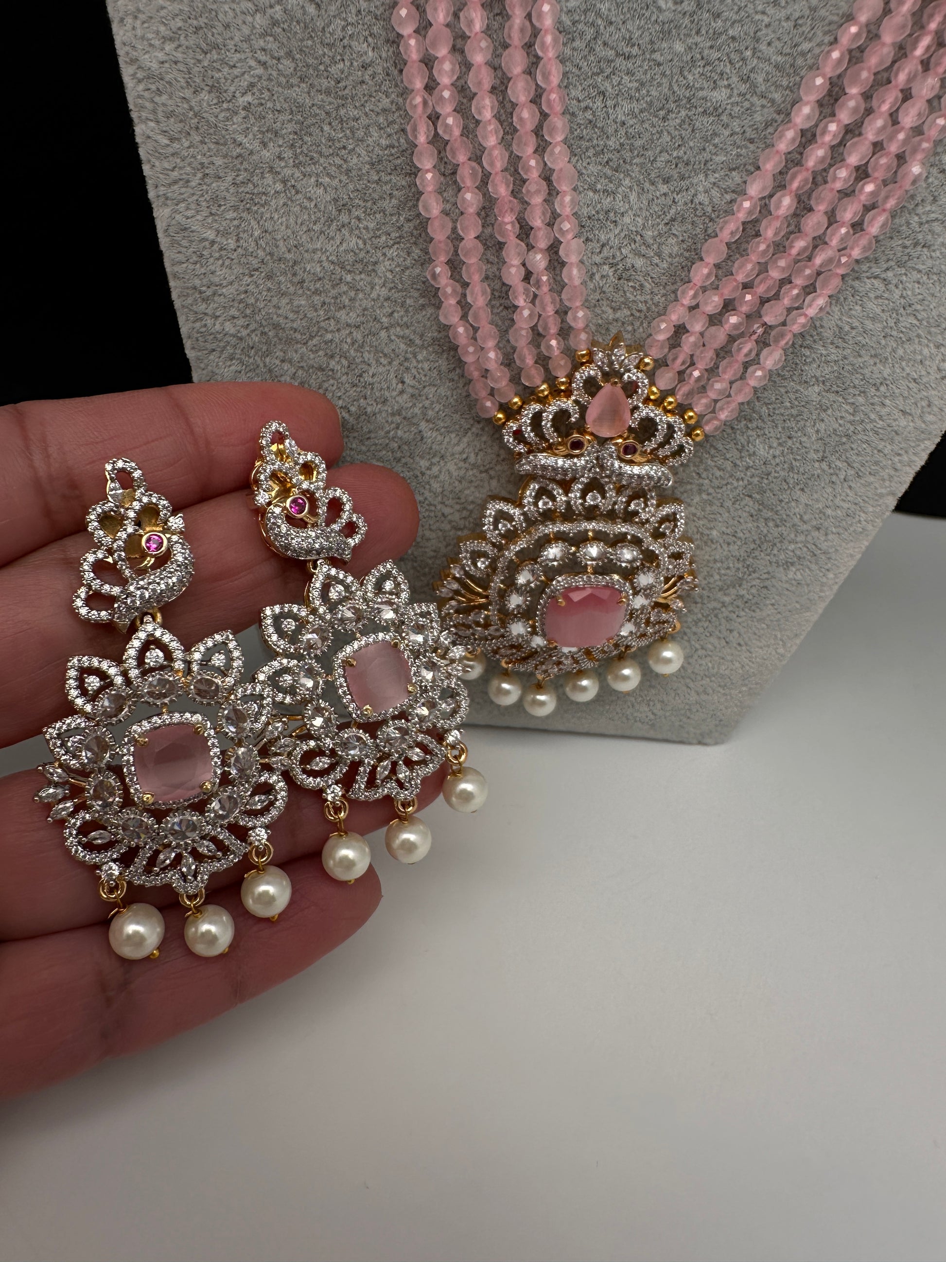 CZ Beads Peacock Long Color Stone Necklace - Pink