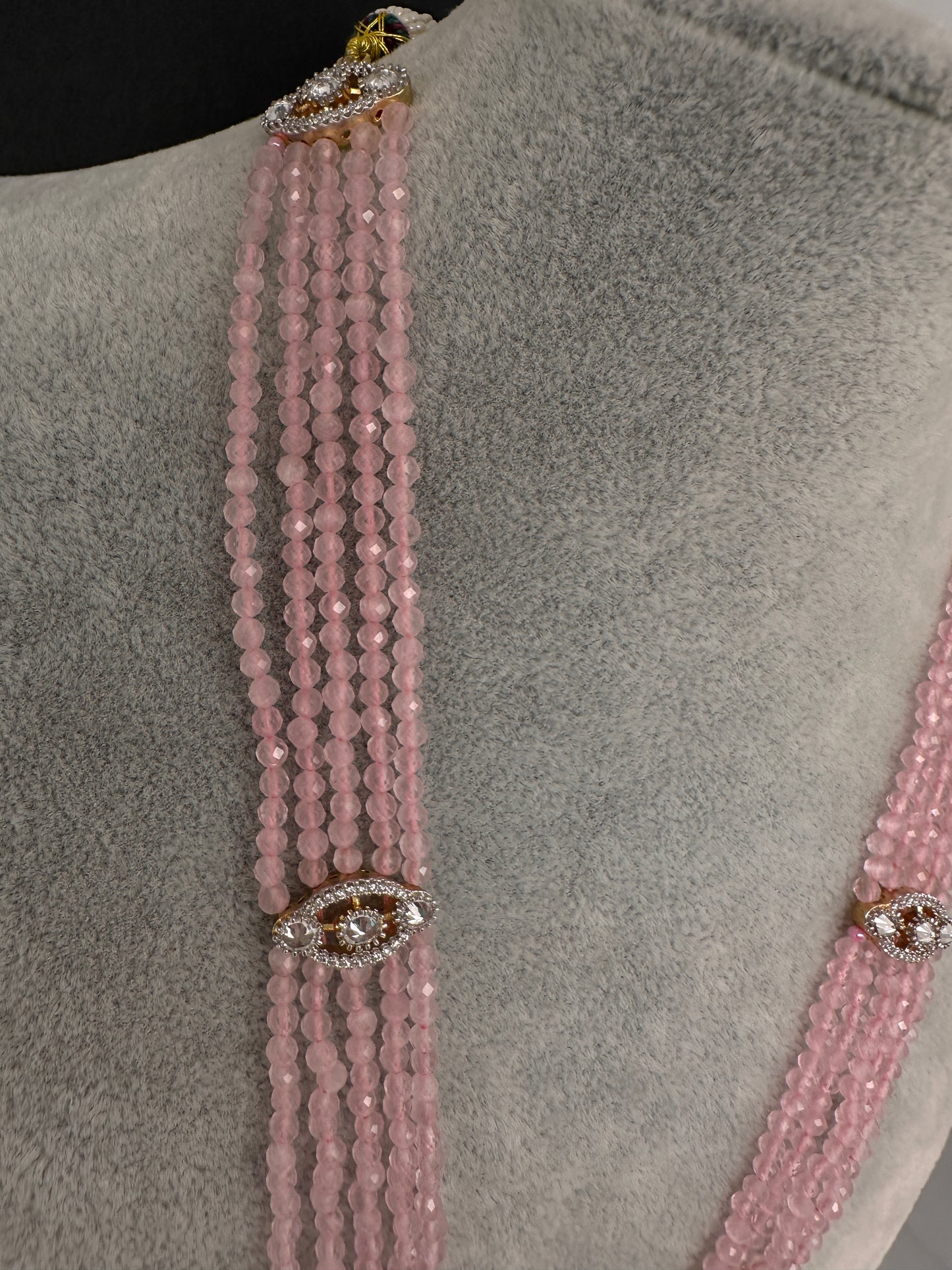 CZ Beads Peacock Long Color Stone Necklace - Pink