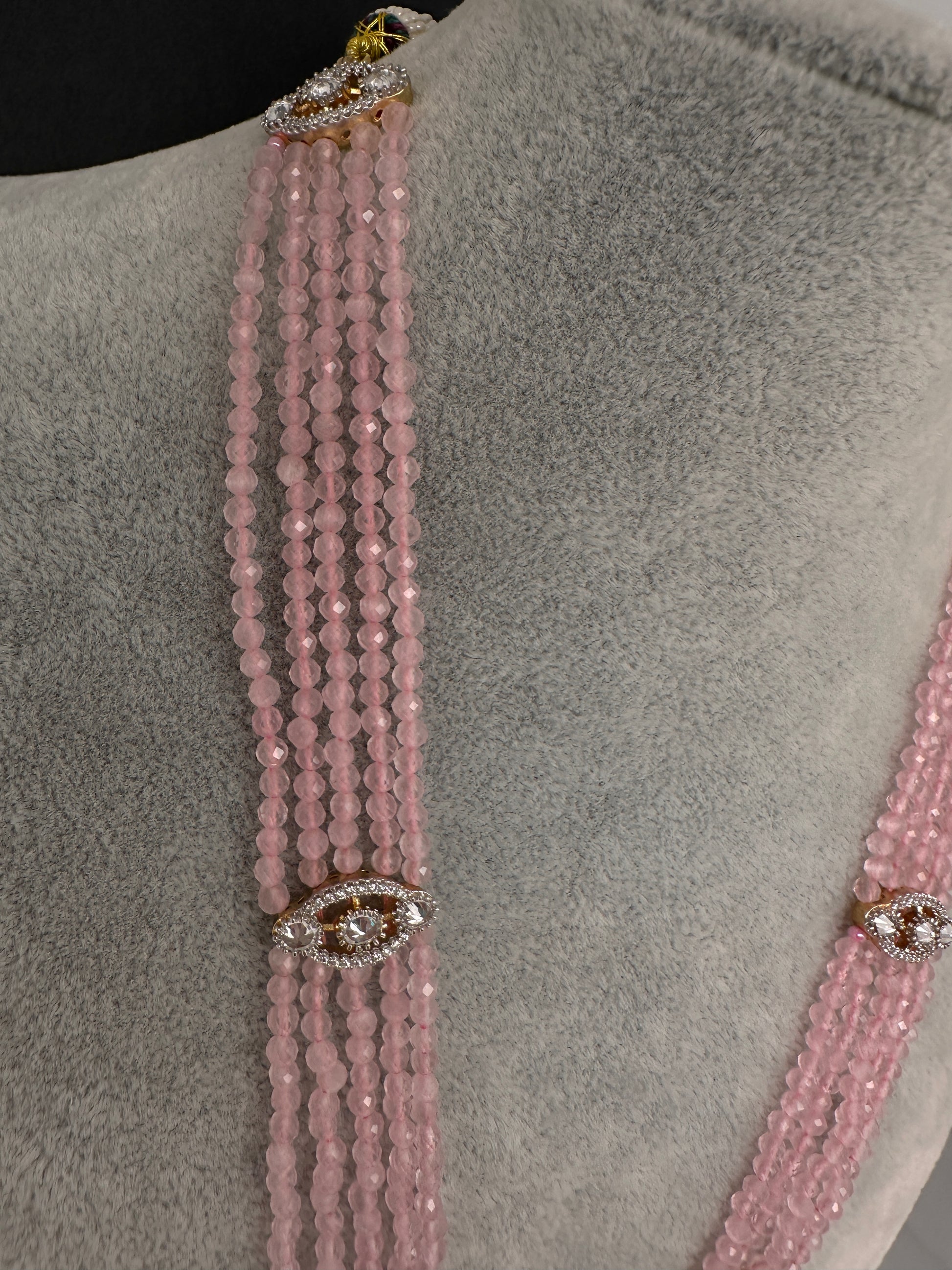 CZ Beads Peacock Long Color Stone Necklace - Pink
