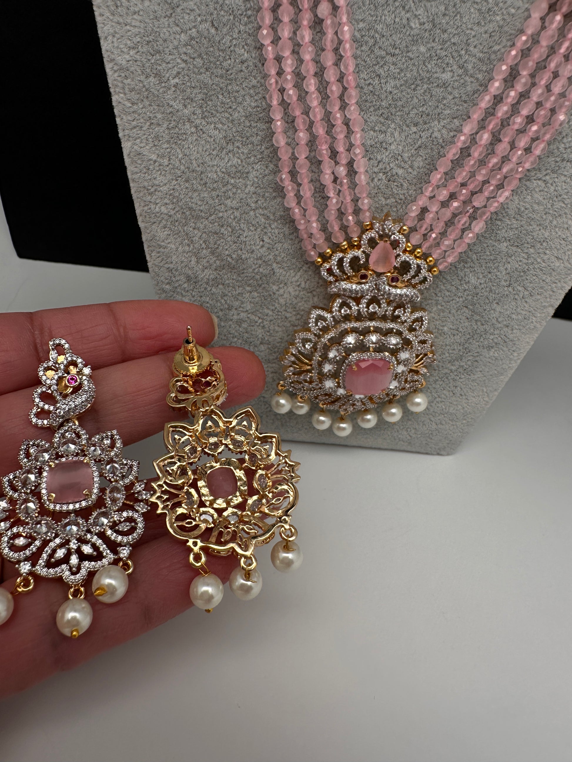 CZ Beads Peacock Long Color Stone Necklace - Pink