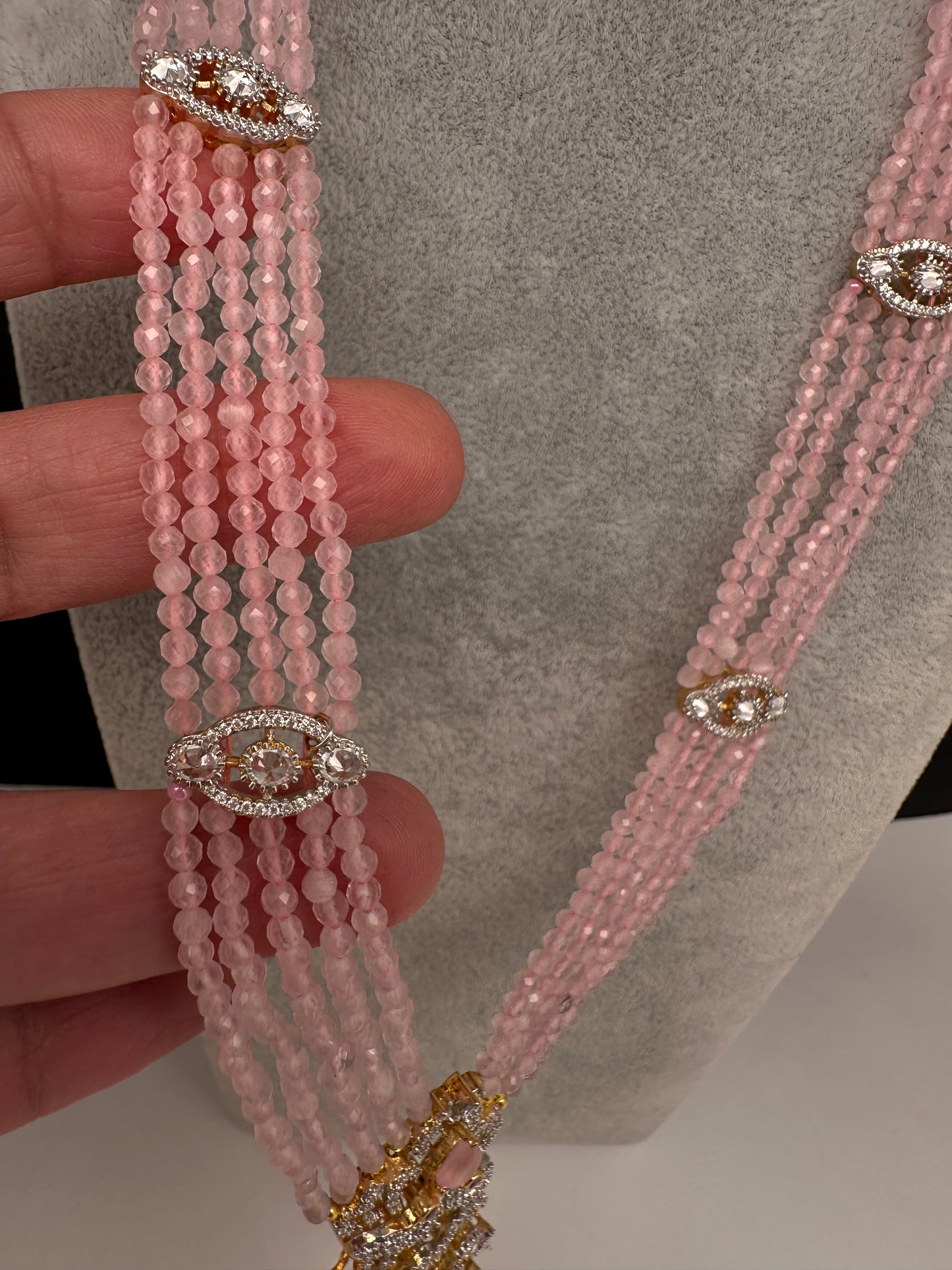 CZ Beads Peacock Long Color Stone Necklace - Pink
