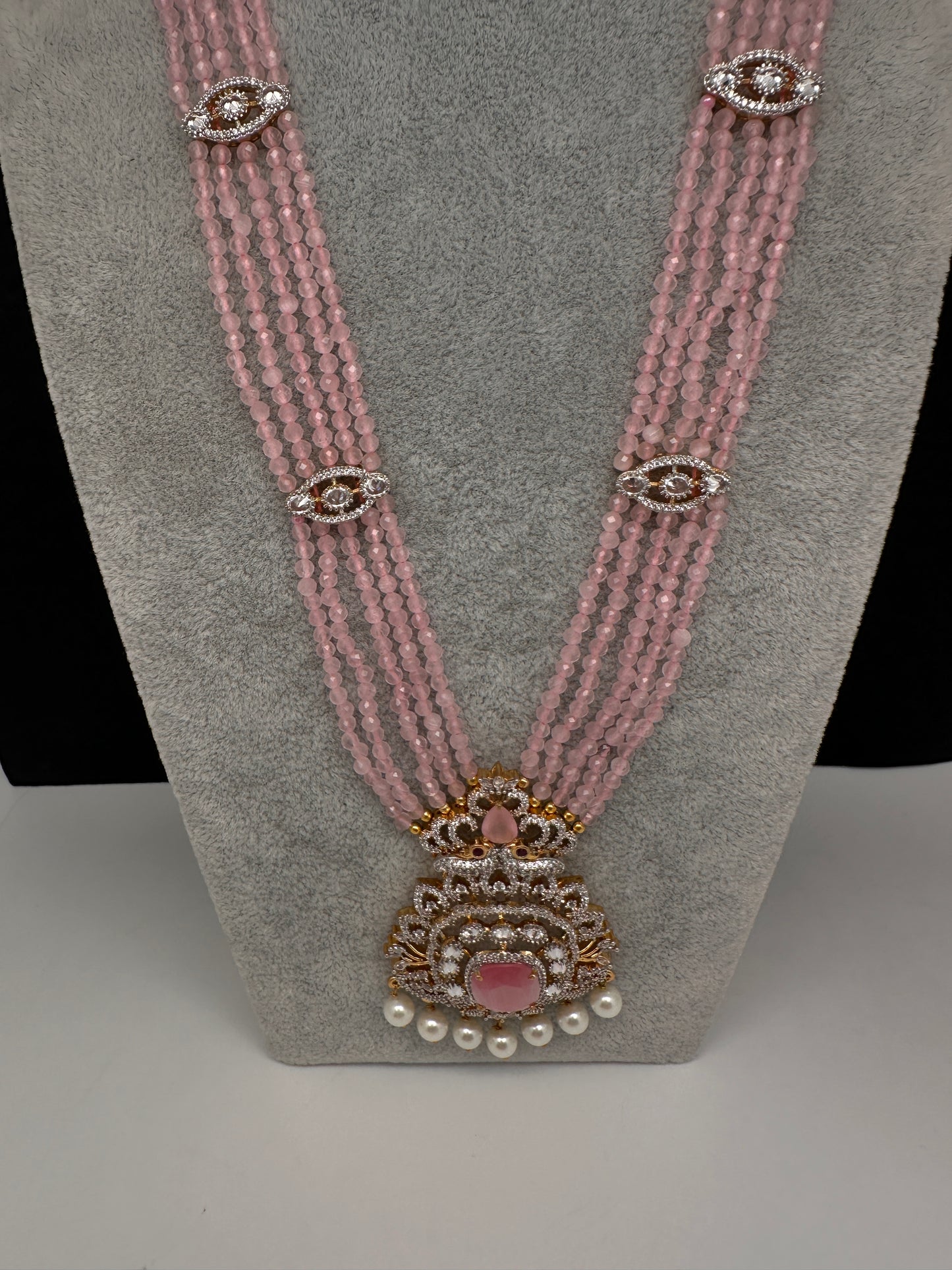 CZ Beads Peacock Long Color Stone Necklace - Pink