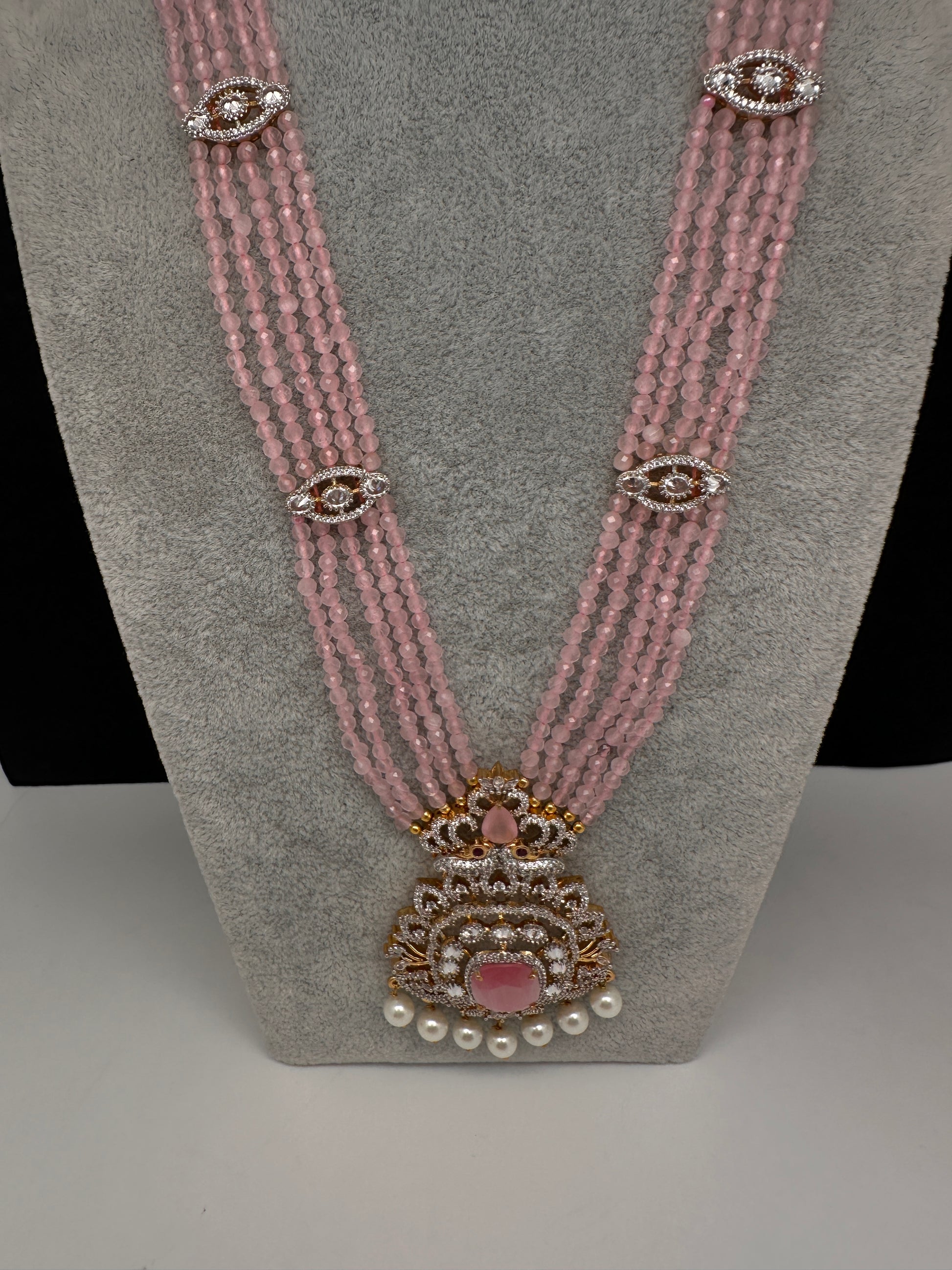 CZ Beads Peacock Long Color Stone Necklace - Pink