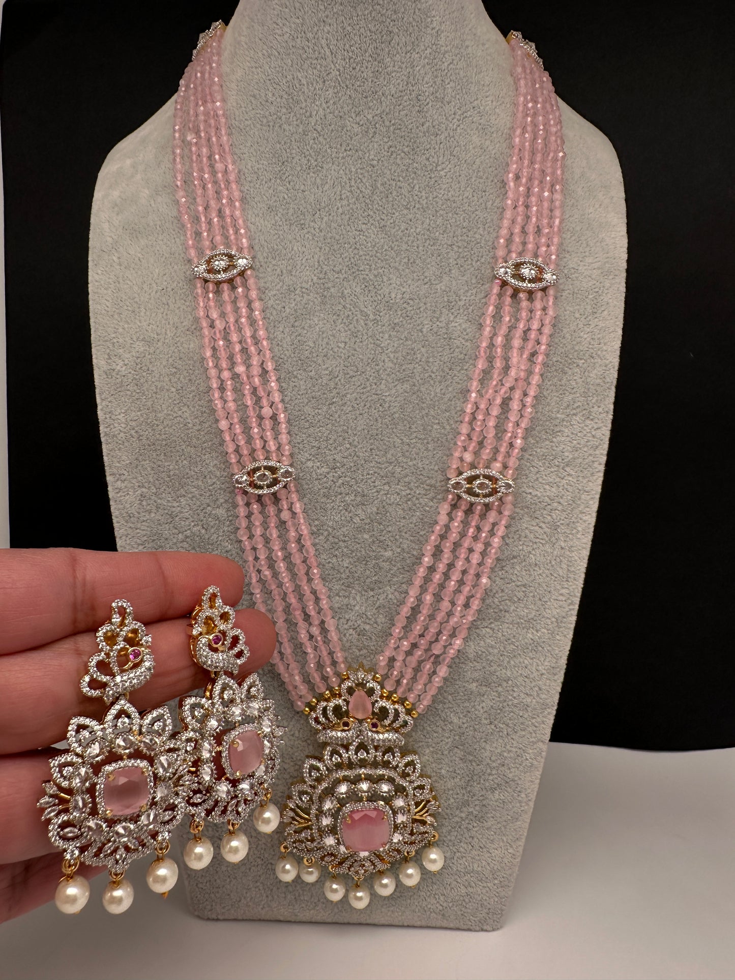 CZ Beads Peacock Long Color Stone Necklace - Pink