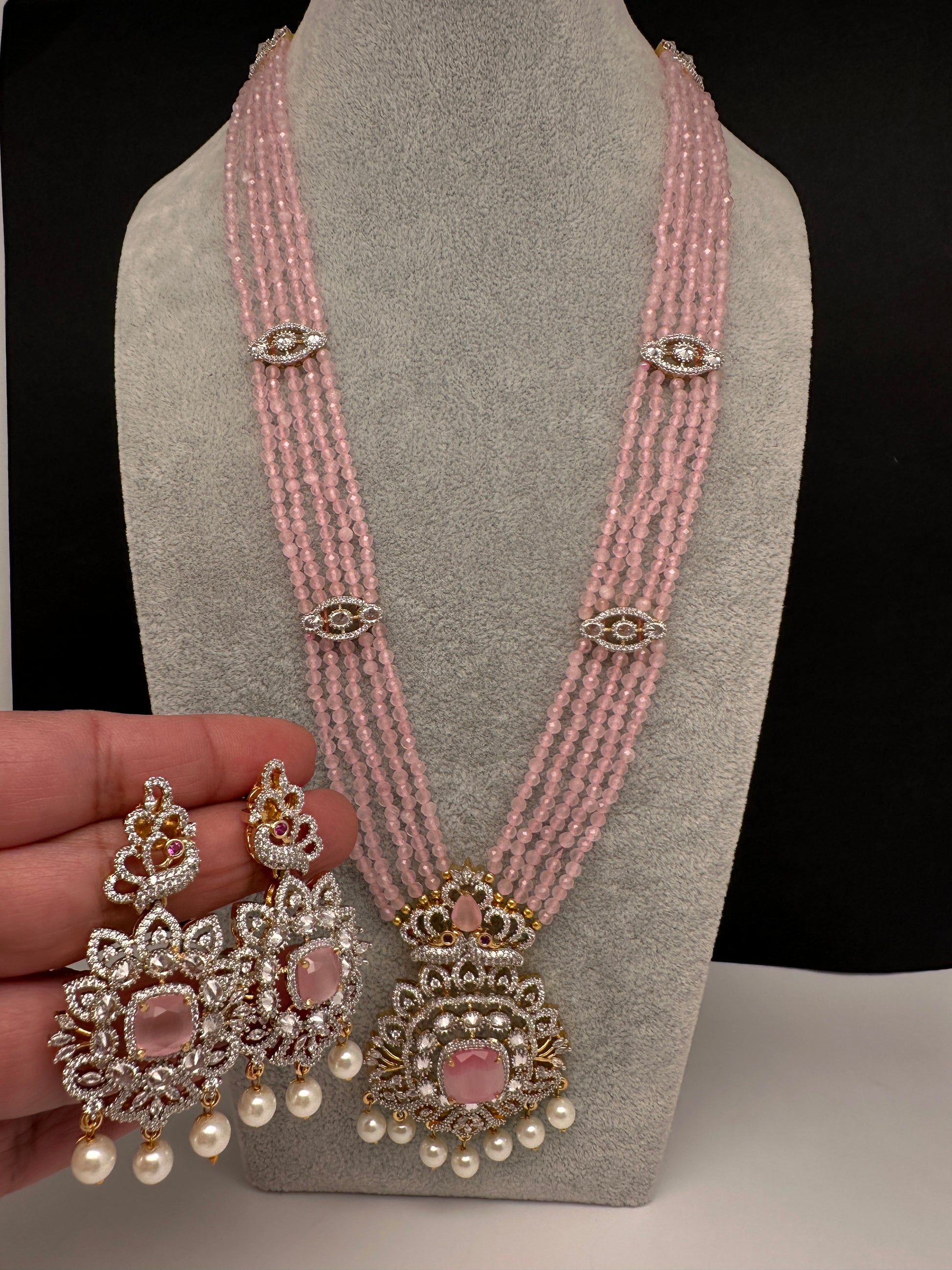 CZ Beads Peacock Long Color Stone Necklace - Pink