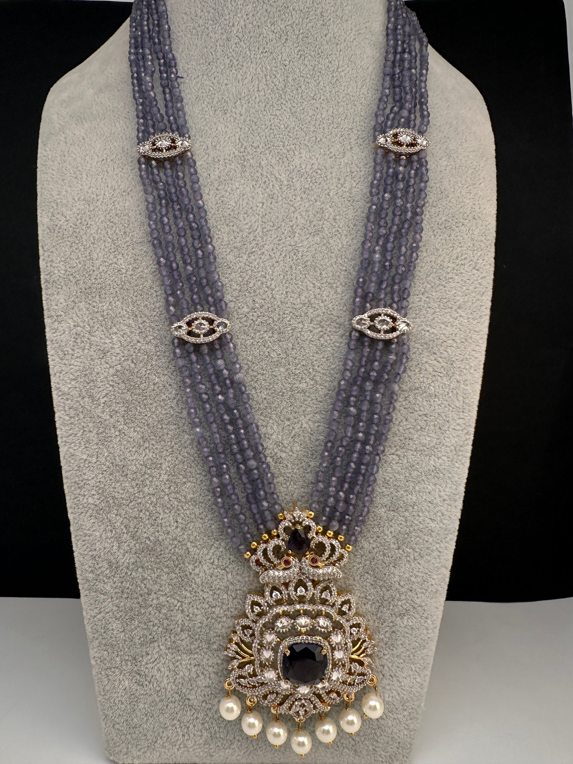 CZ Beads Peacock Long Color Stone Necklace - Purple