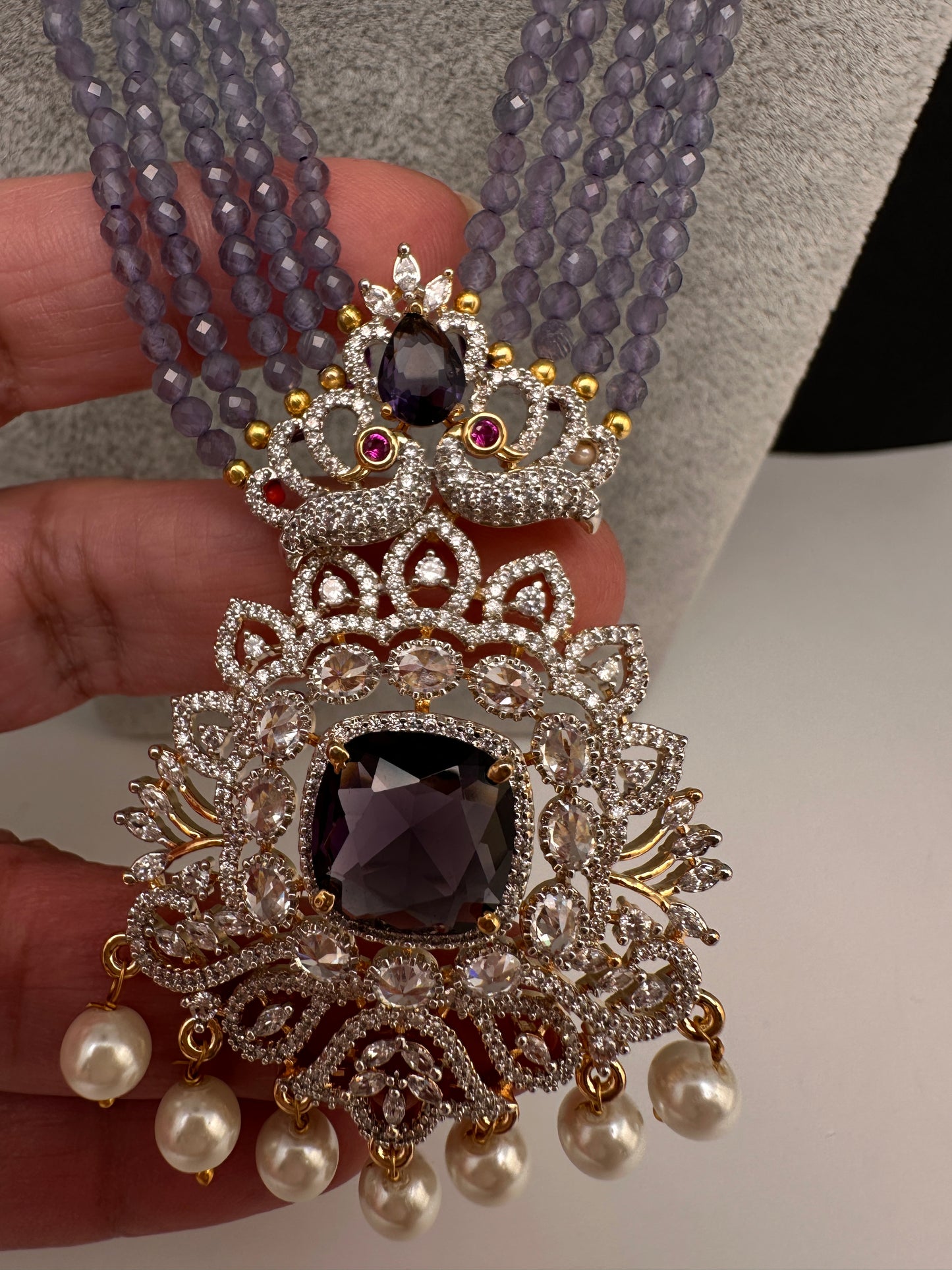 CZ Beads Peacock Long Color Stone Necklace - Purple