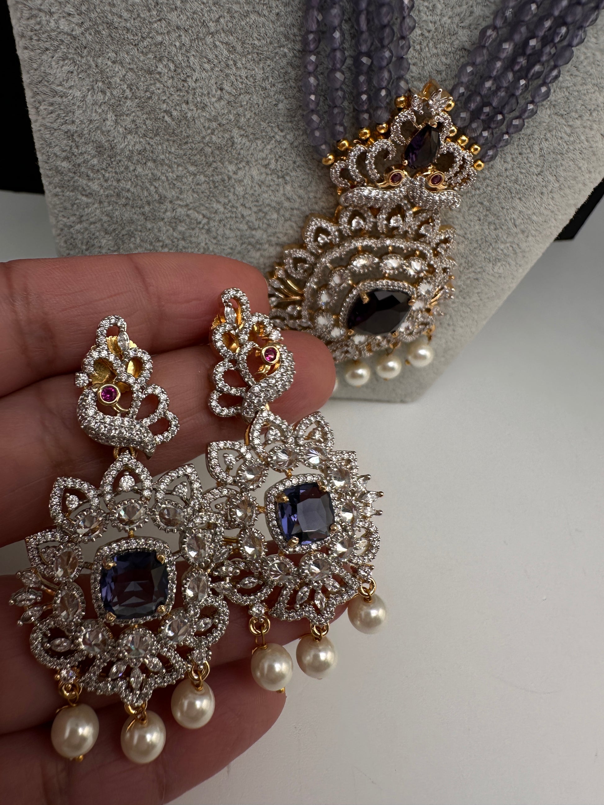 CZ Beads Peacock Long Color Stone Necklace - Purple