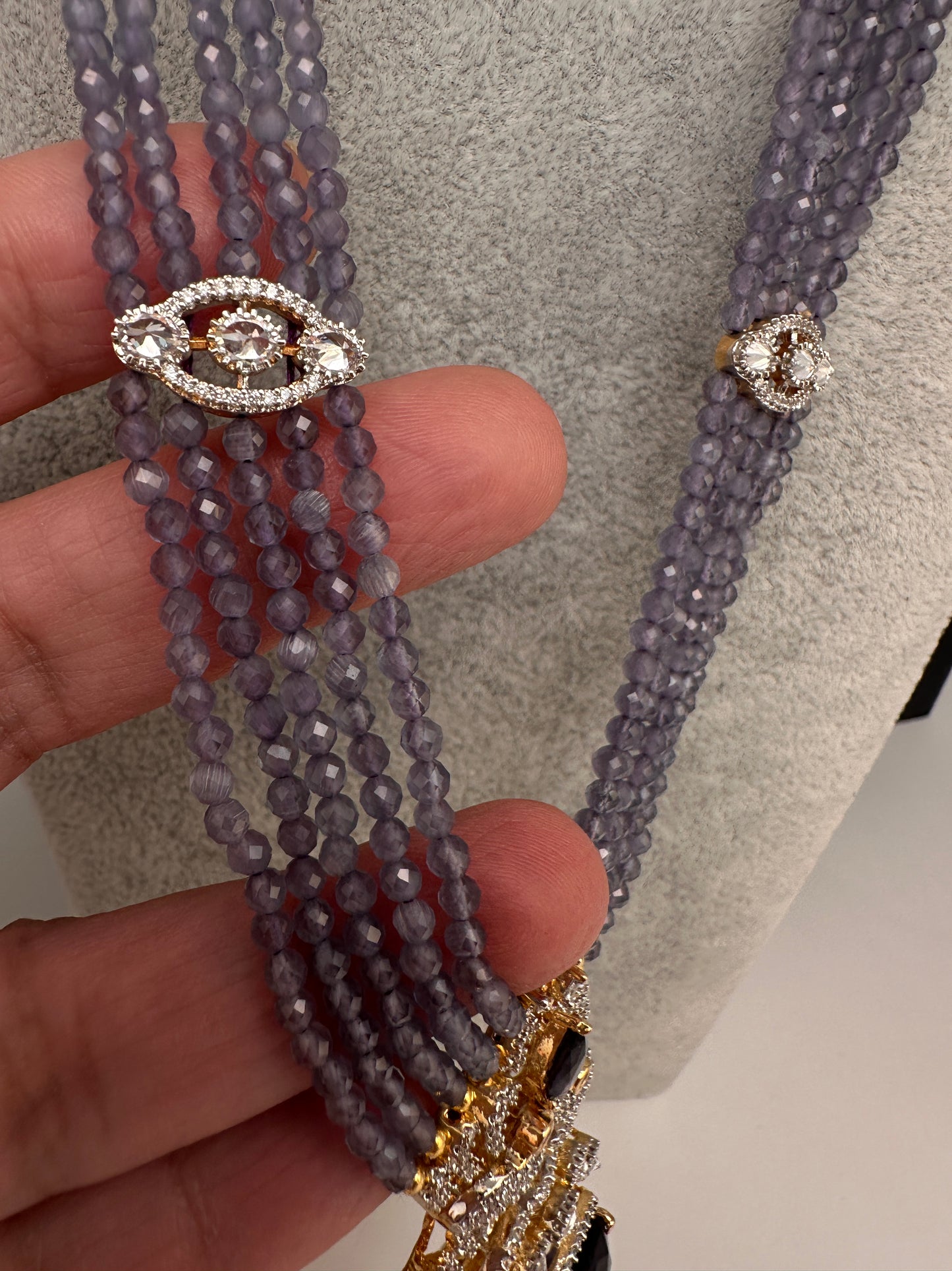 CZ Beads Peacock Long Color Stone Necklace - Purple