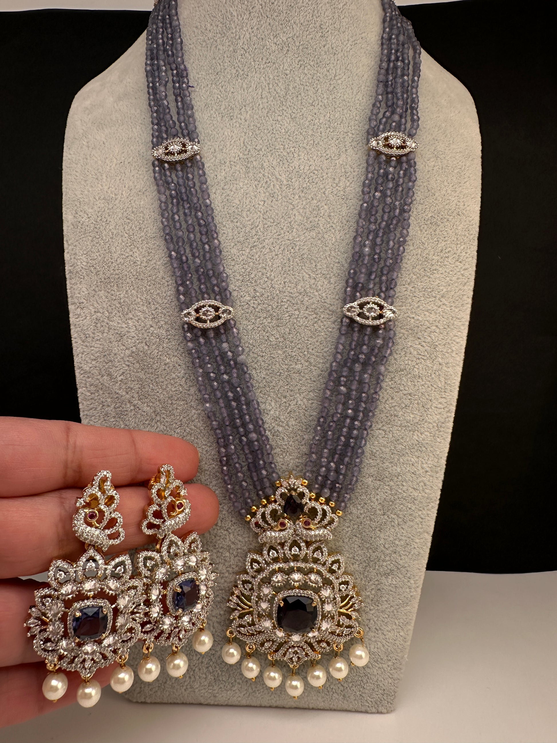 CZ Beads Peacock Long Color Stone Necklace - Purple