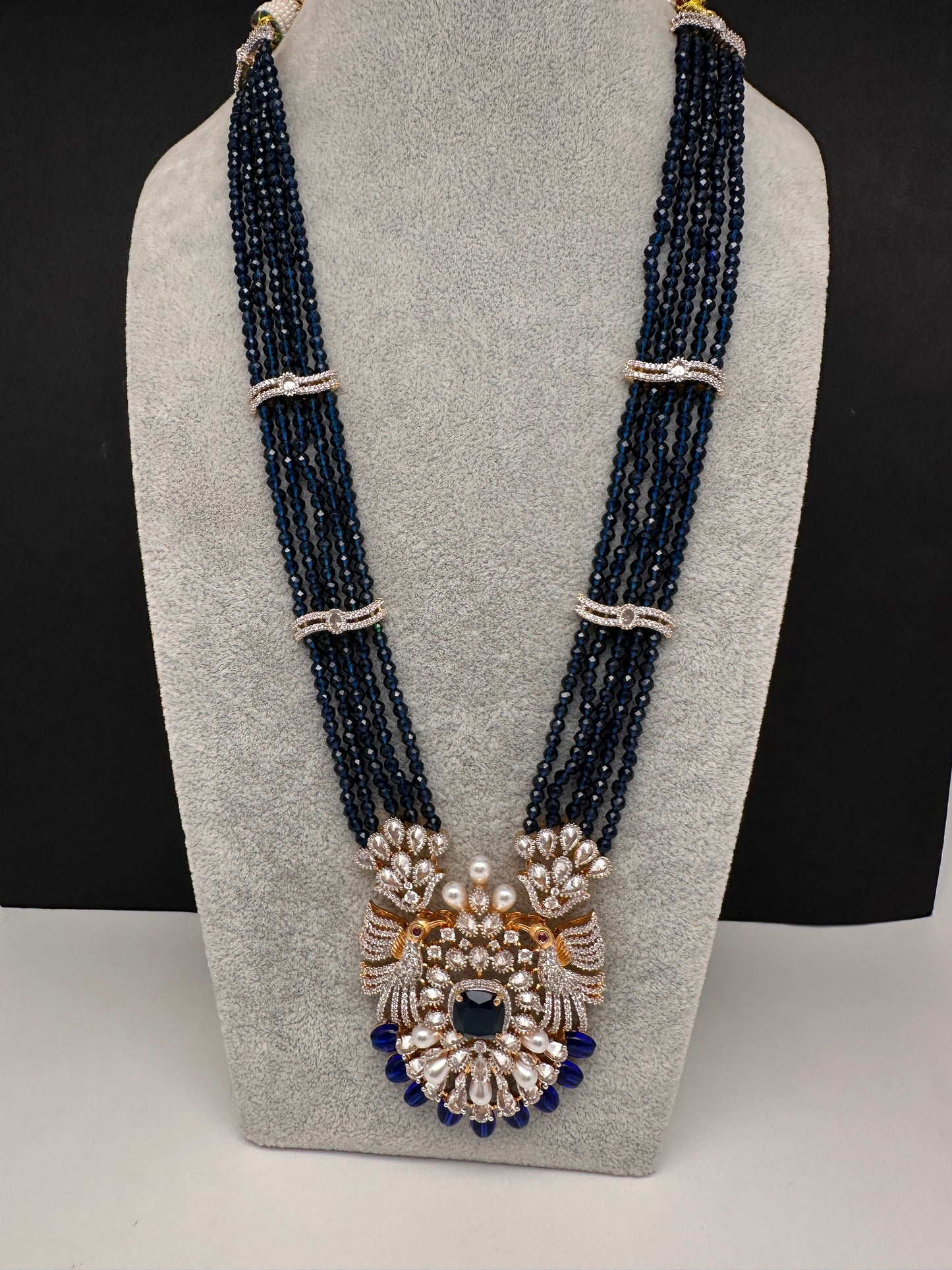 CZ Beads Birdie Long Color Stone Necklace - Blue