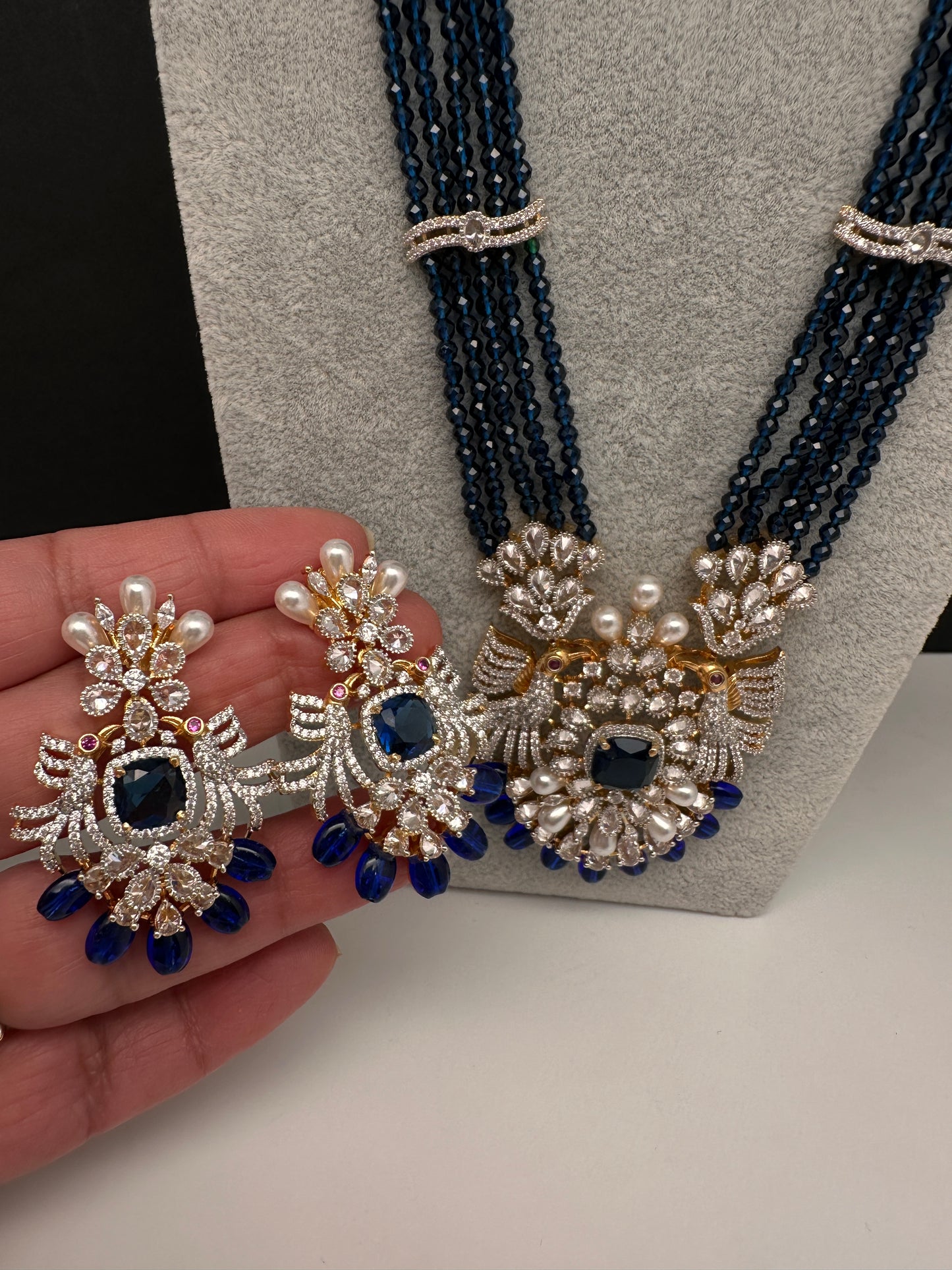 CZ Beads Birdie Long Color Stone Necklace - Blue