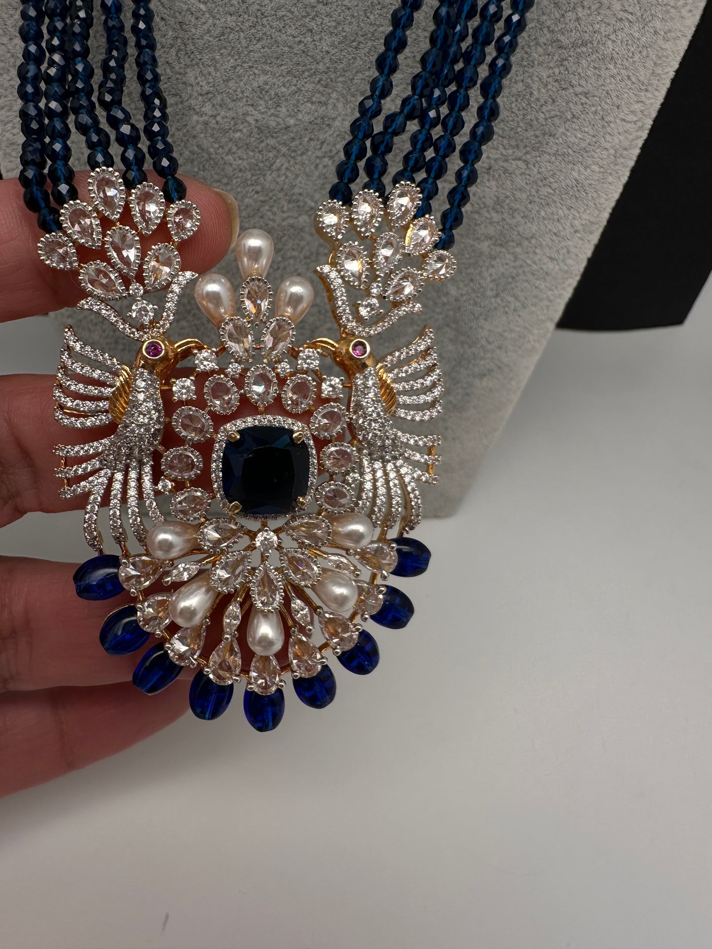 CZ Beads Birdie Long Color Stone Necklace - Blue
