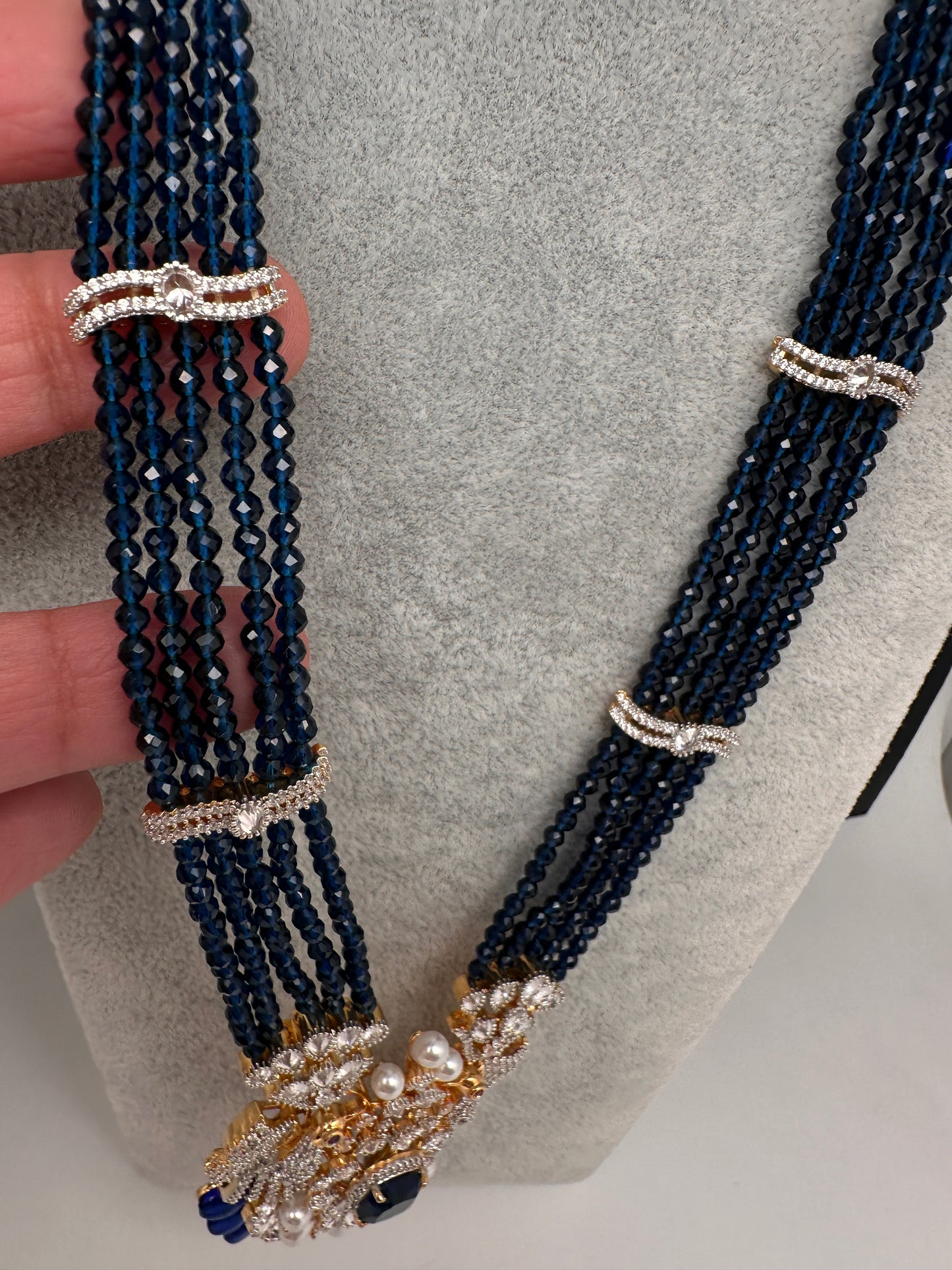 CZ Beads Birdie Long Color Stone Necklace - Blue