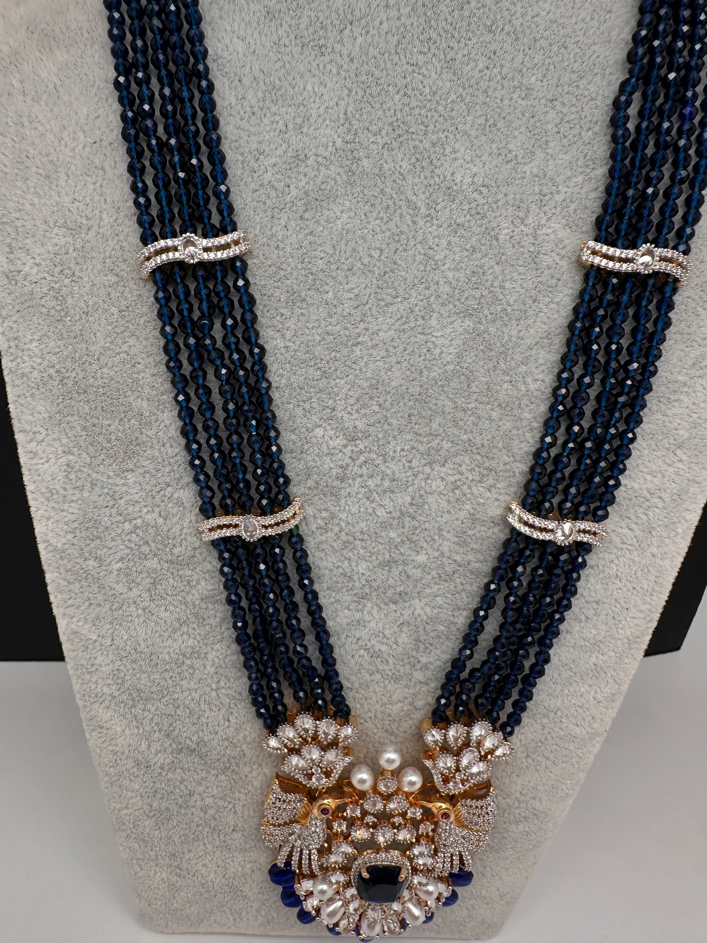 CZ Beads Birdie Long Color Stone Necklace - Blue