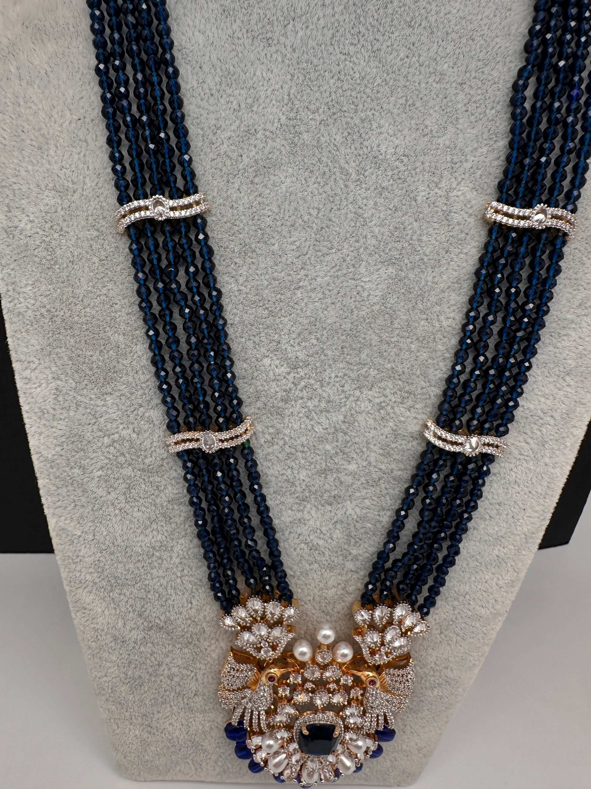 CZ Beads Birdie Long Color Stone Necklace - Blue