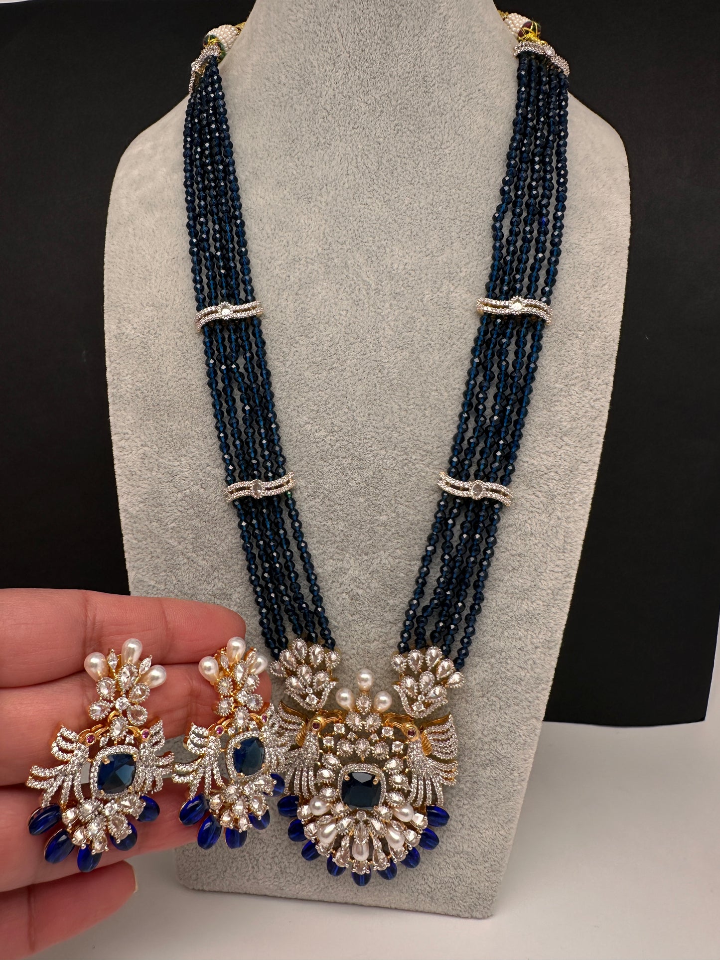 CZ Beads Birdie Long Color Stone Necklace - Blue