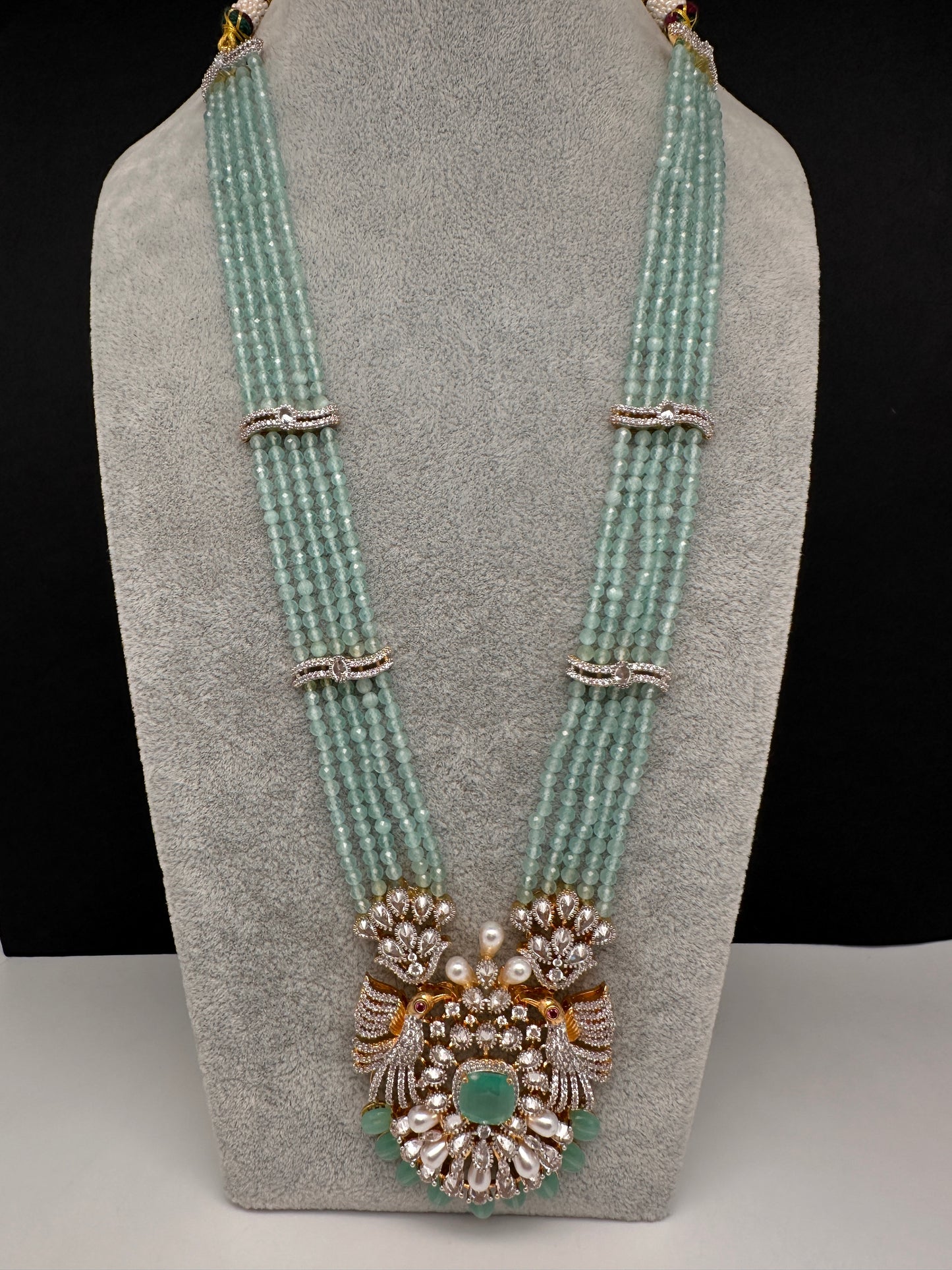 CZ Beads Birdie Long Color Stone Necklace - MintGreen