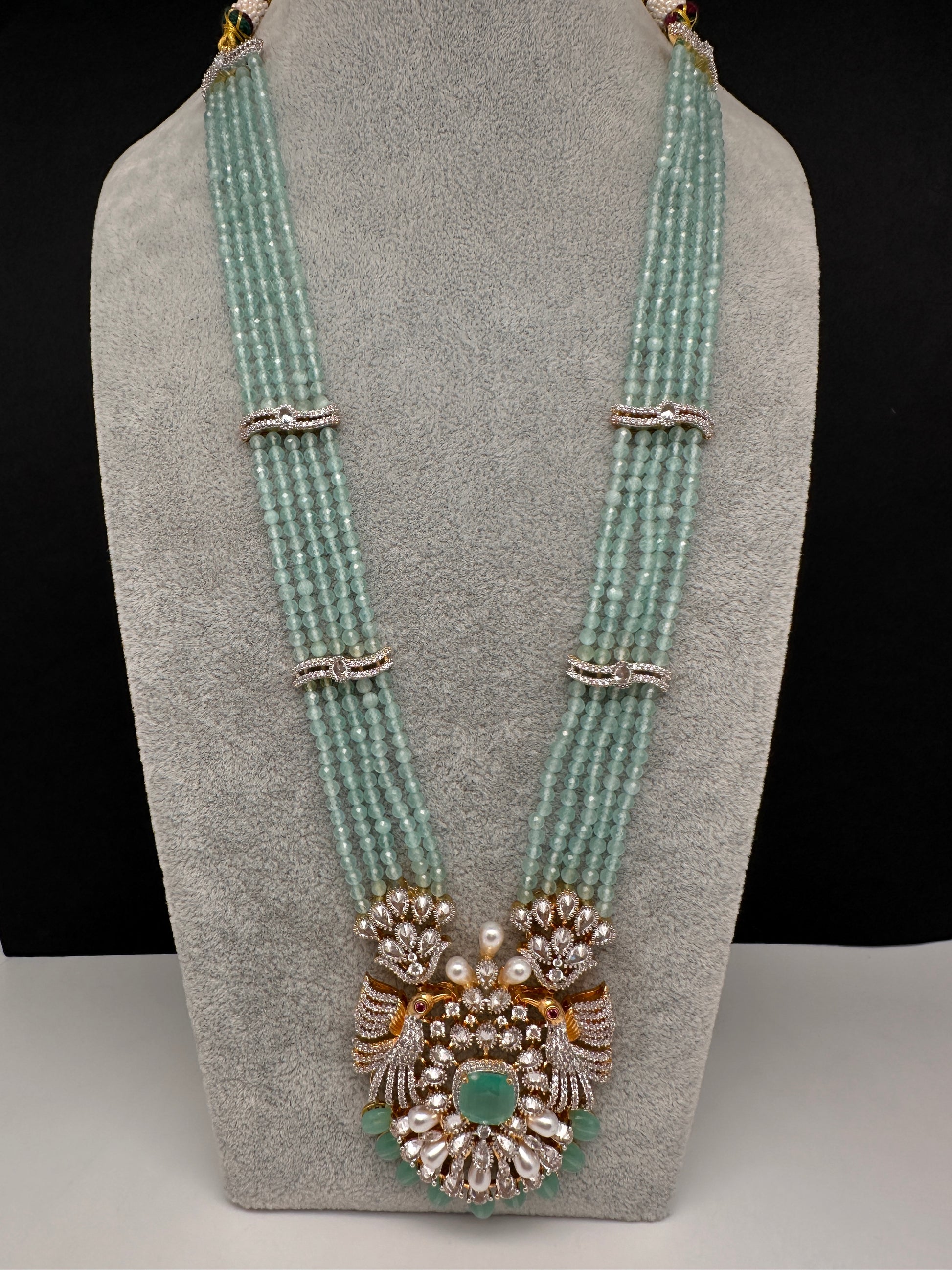 CZ Beads Birdie Long Color Stone Necklace - MintGreen