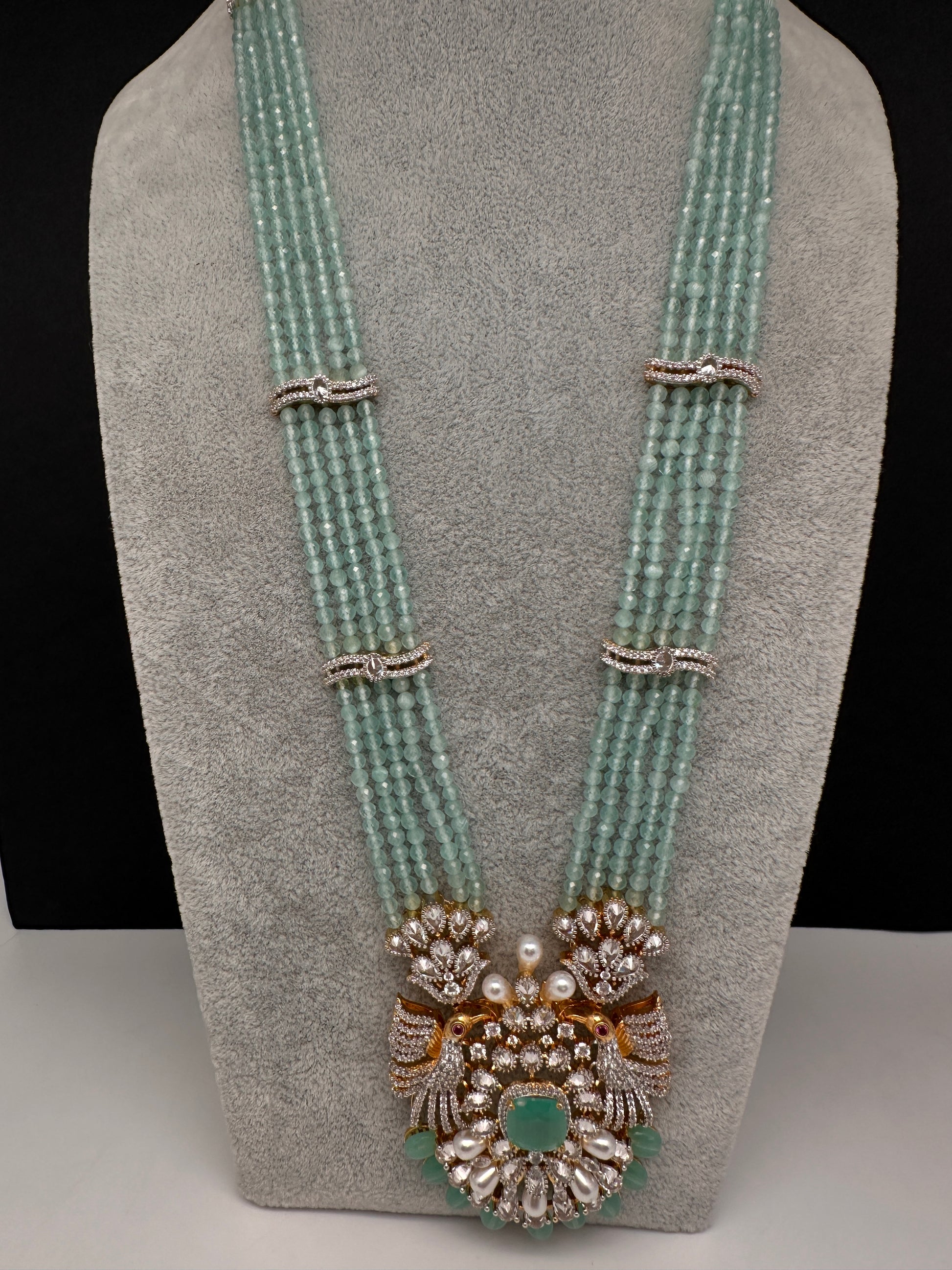 CZ Beads Birdie Long Color Stone Necklace - MintGreen