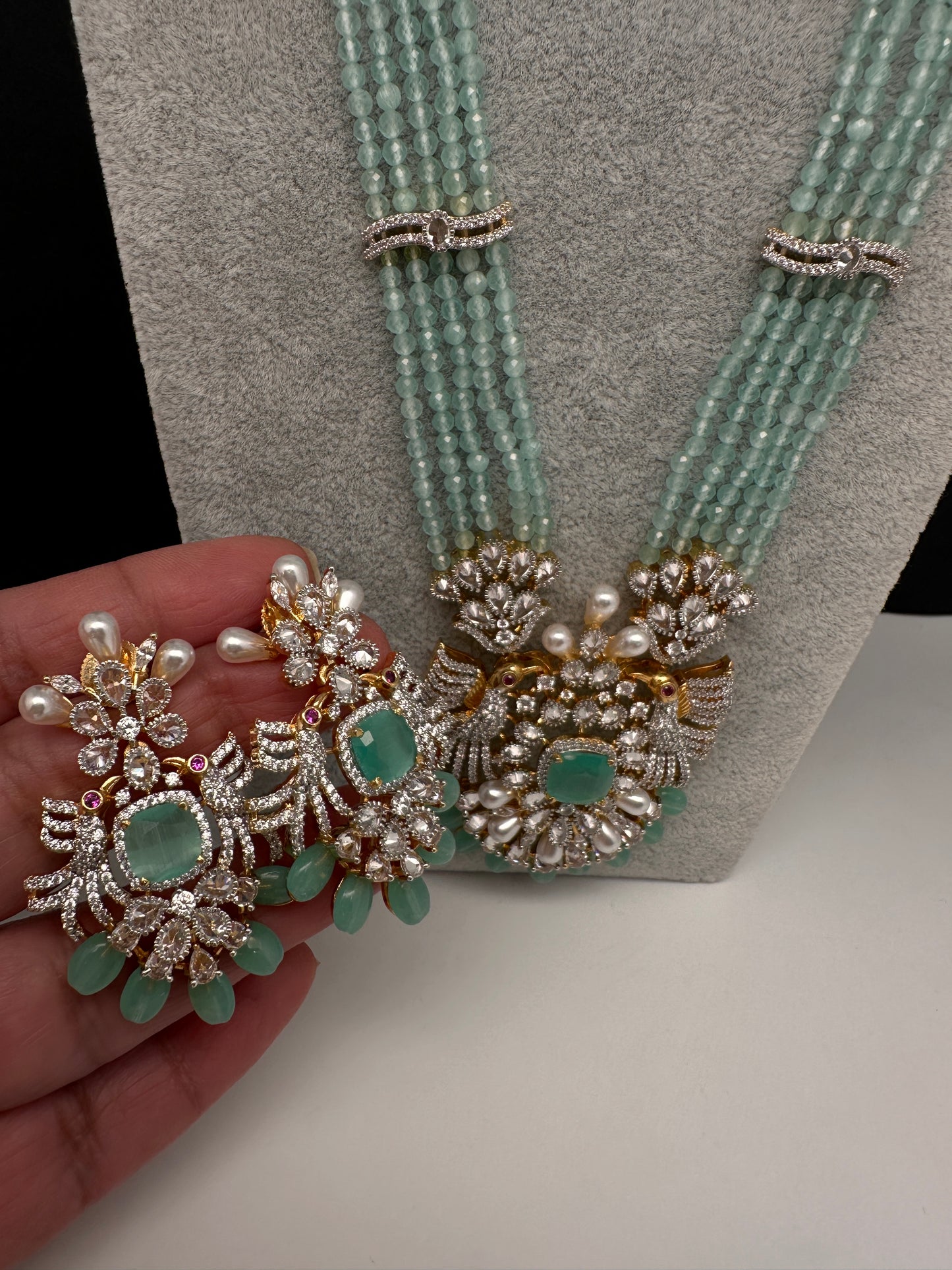CZ Beads Birdie Long Color Stone Necklace - MintGreen