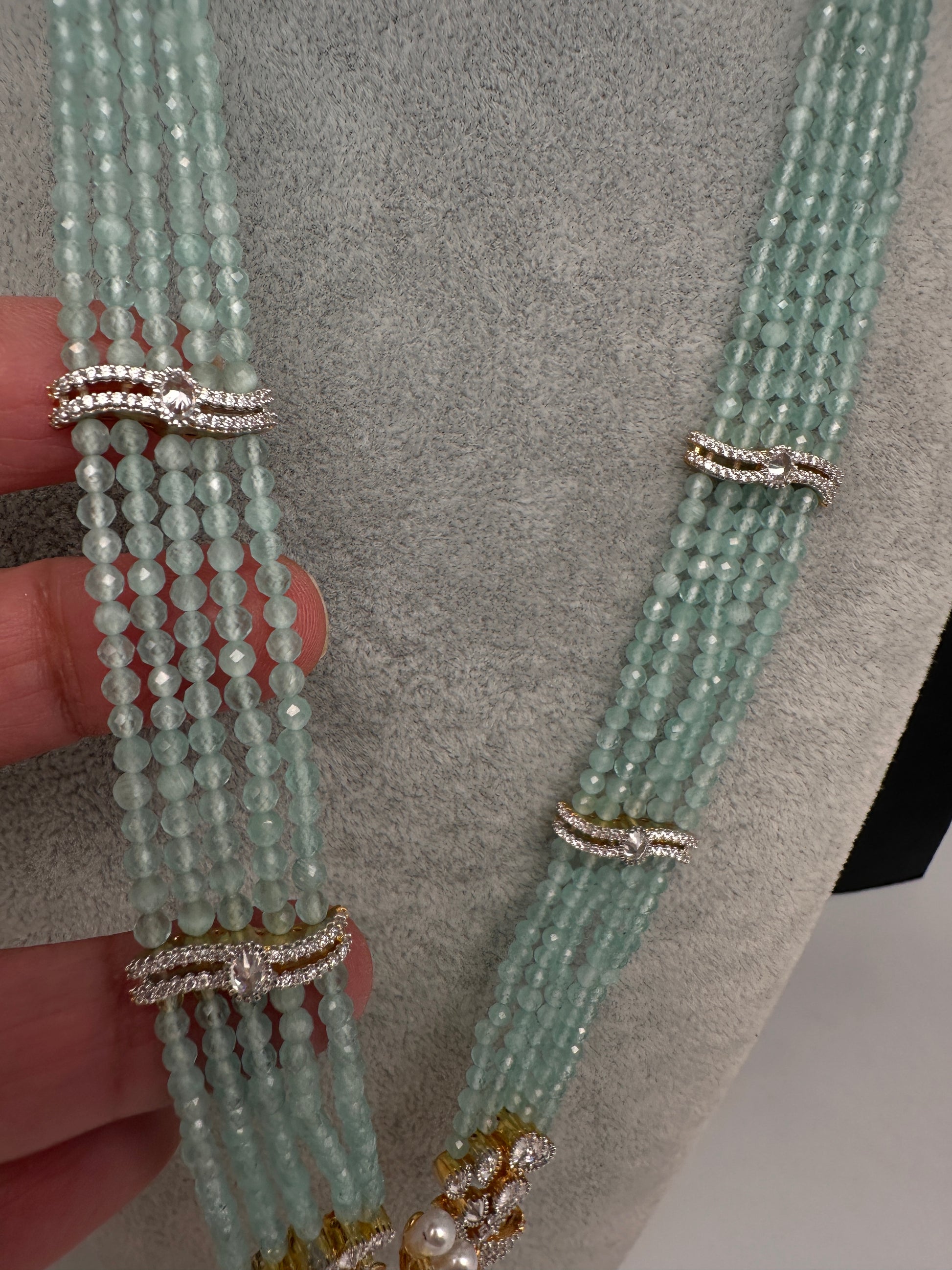 CZ Beads Birdie Long Color Stone Necklace - MintGreen