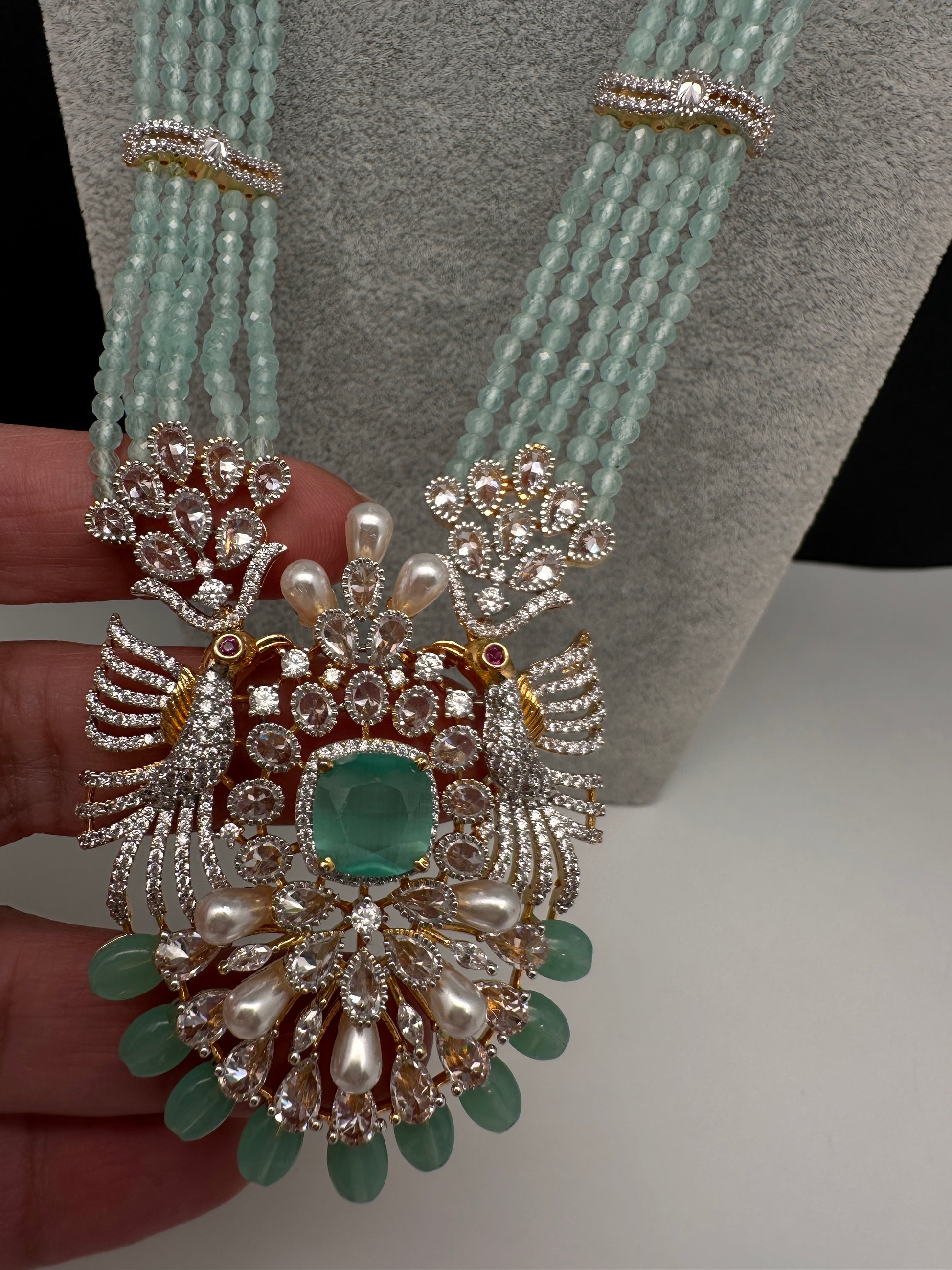 CZ Beads Birdie Long Color Stone Necklace - MintGreen