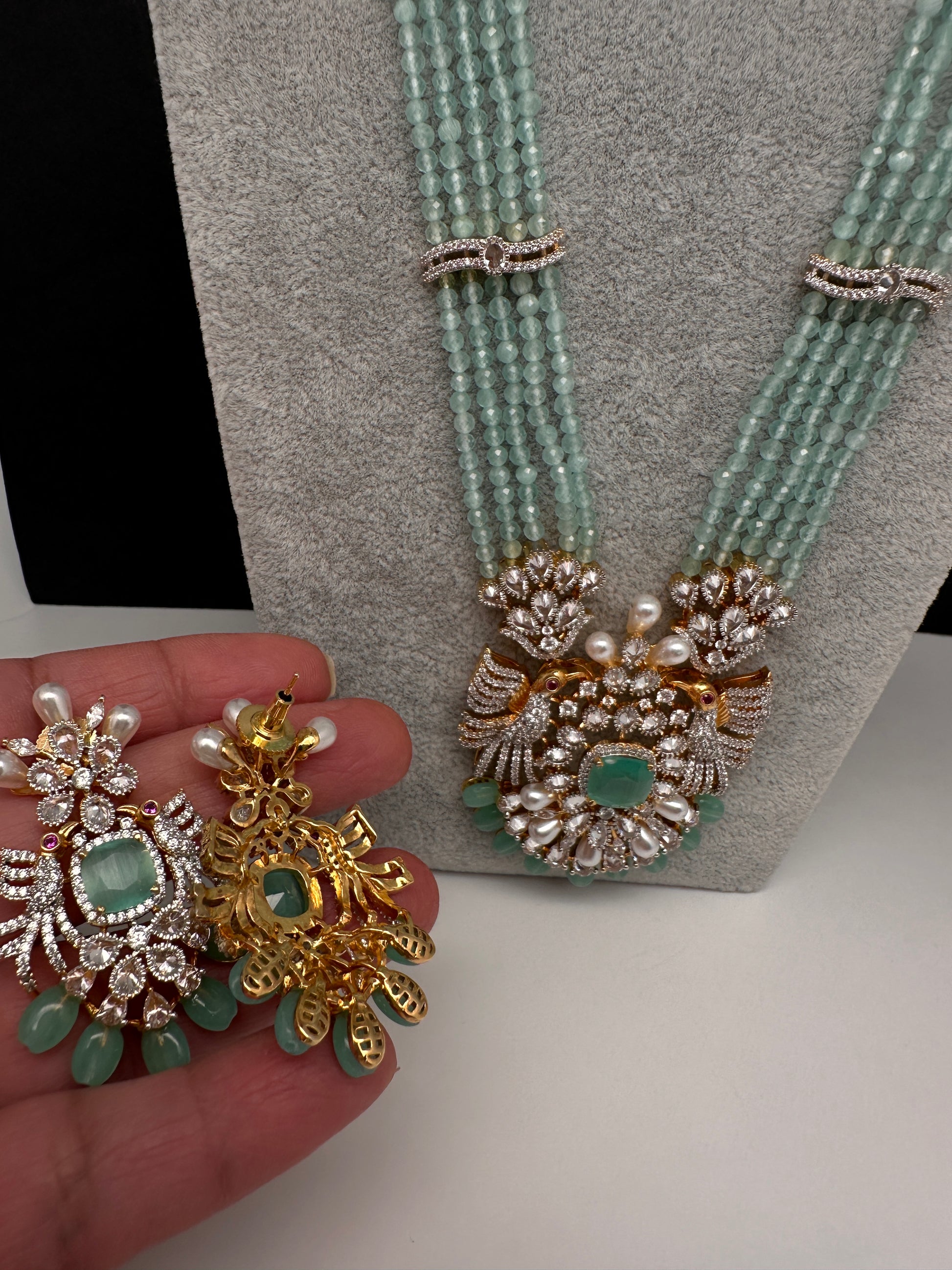 CZ Beads Birdie Long Color Stone Necklace - MintGreen