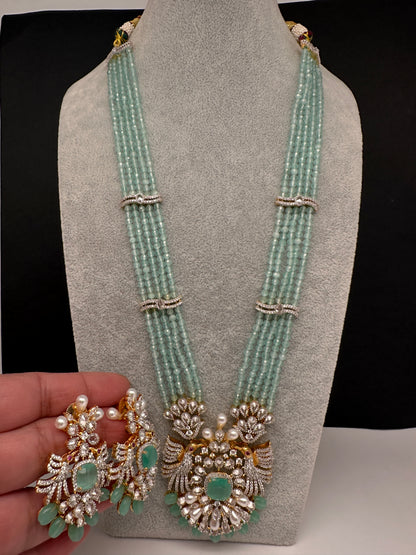 CZ Beads Birdie Long Color Stone Necklace - MintGreen