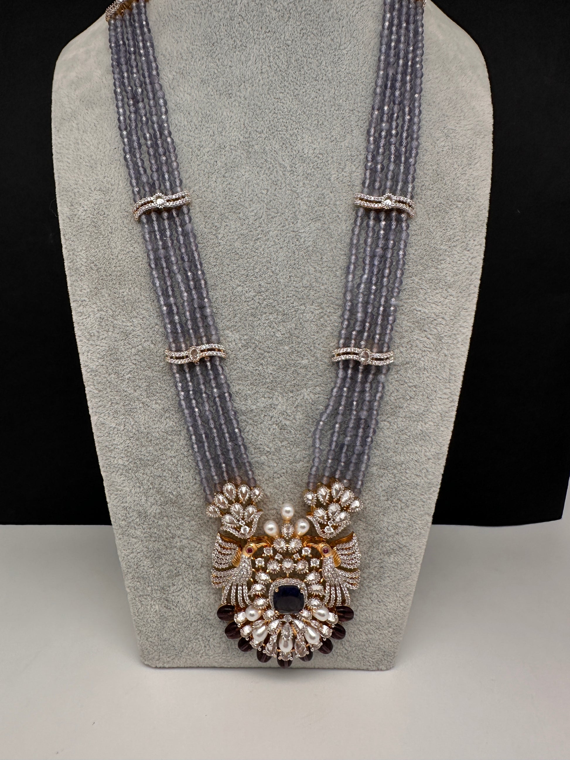 CZ Beads Birdie Long Color Stone Necklace - Purple