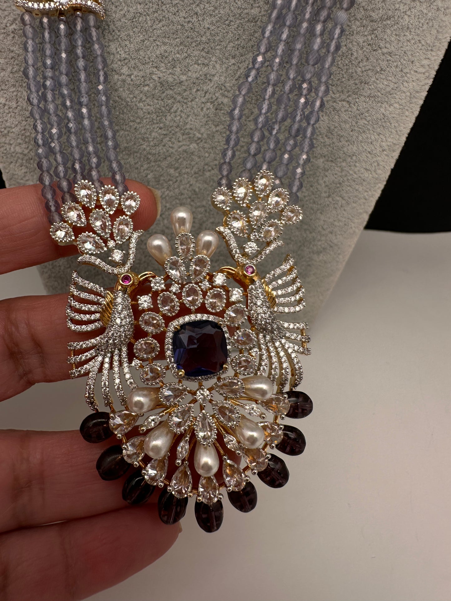 CZ Beads Birdie Long Color Stone Necklace - Purple
