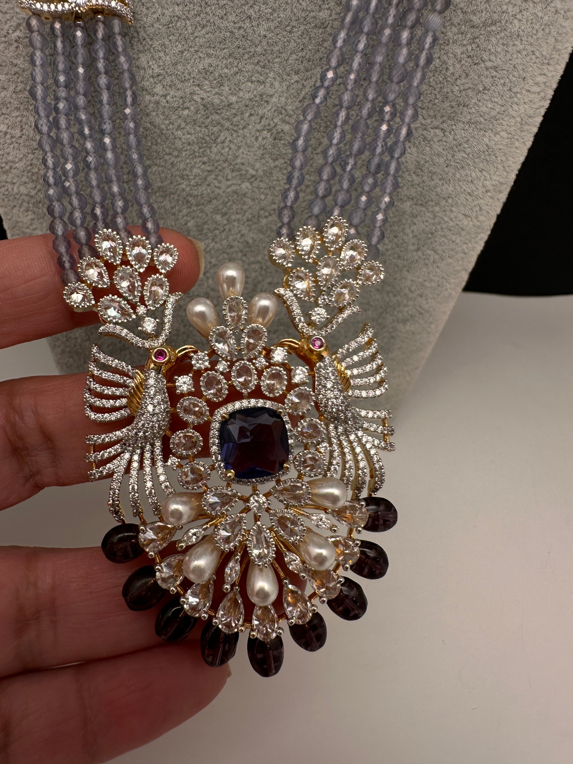 CZ Beads Birdie Long Color Stone Necklace - Purple