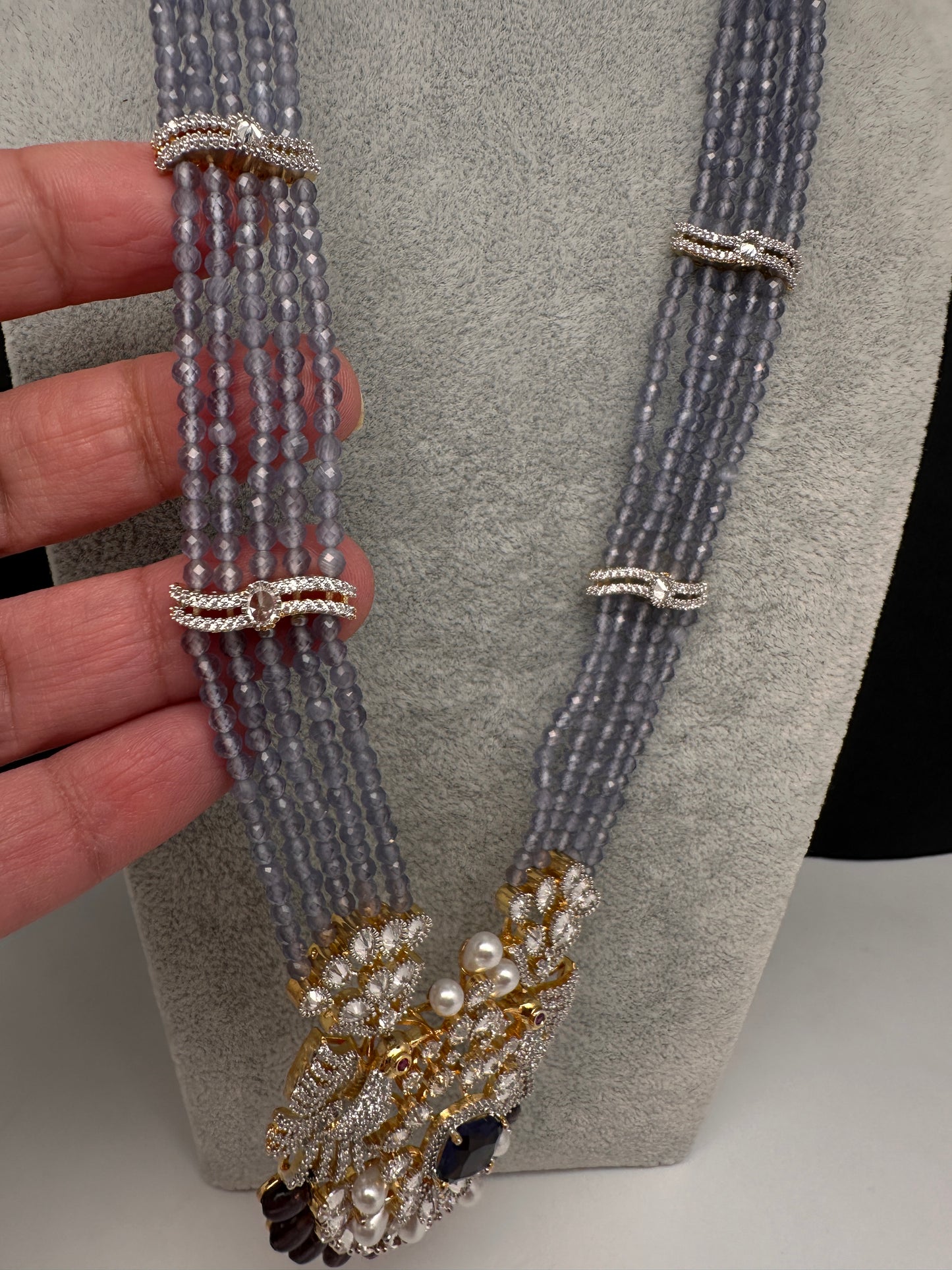 CZ Beads Birdie Long Color Stone Necklace - Purple