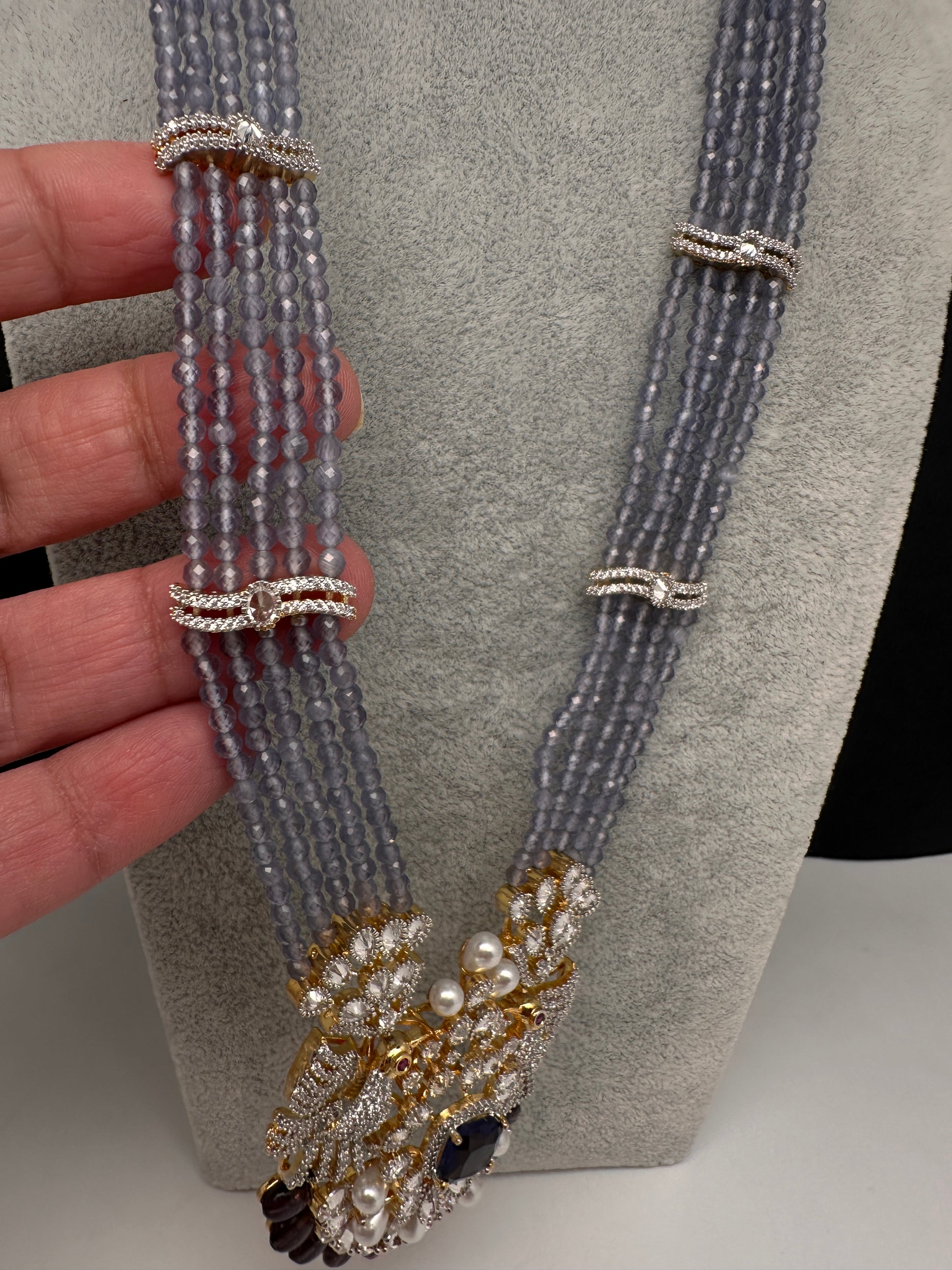 CZ Beads Birdie Long Color Stone Necklace - Purple