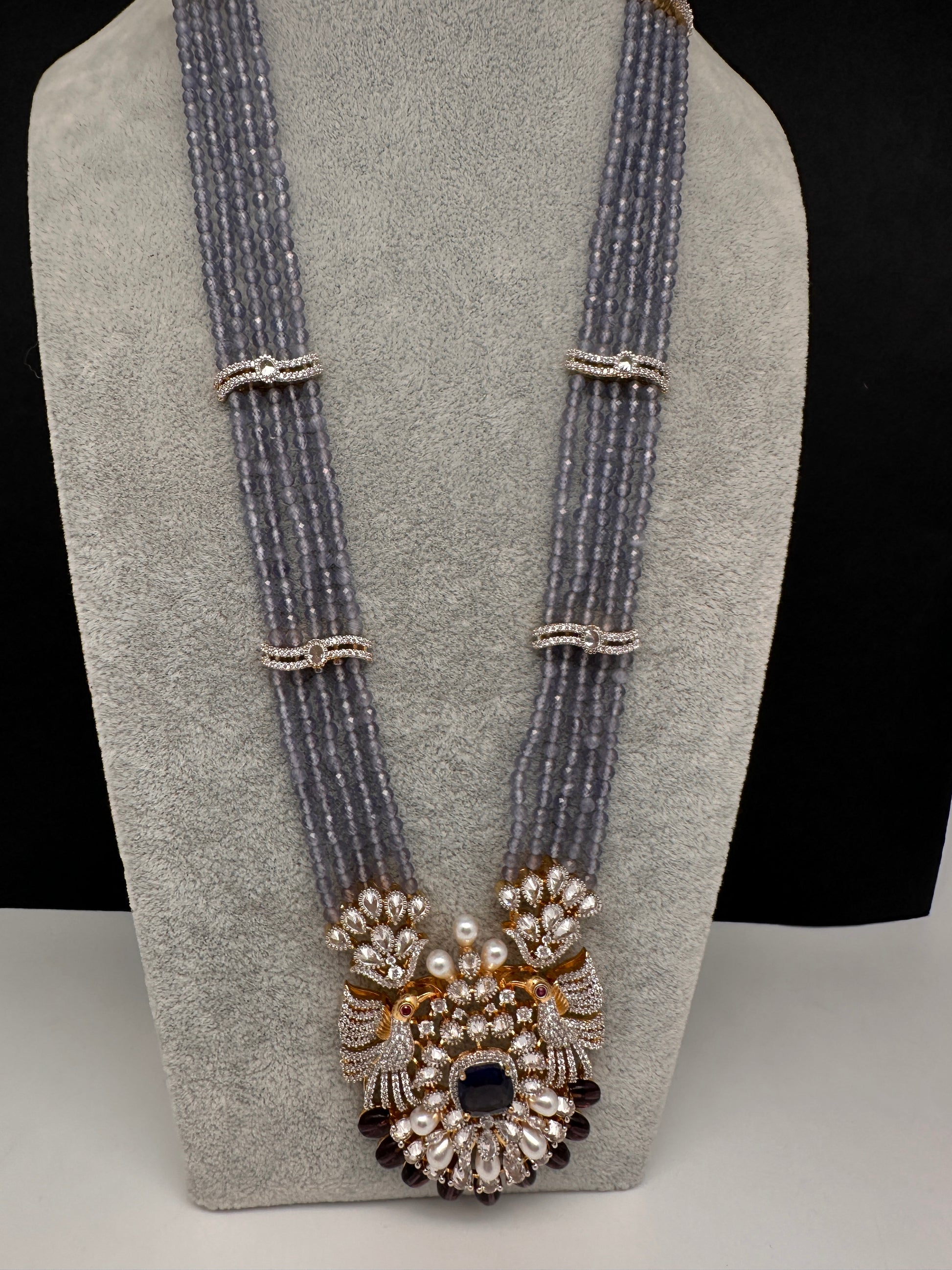 CZ Beads Birdie Long Color Stone Necklace - Purple