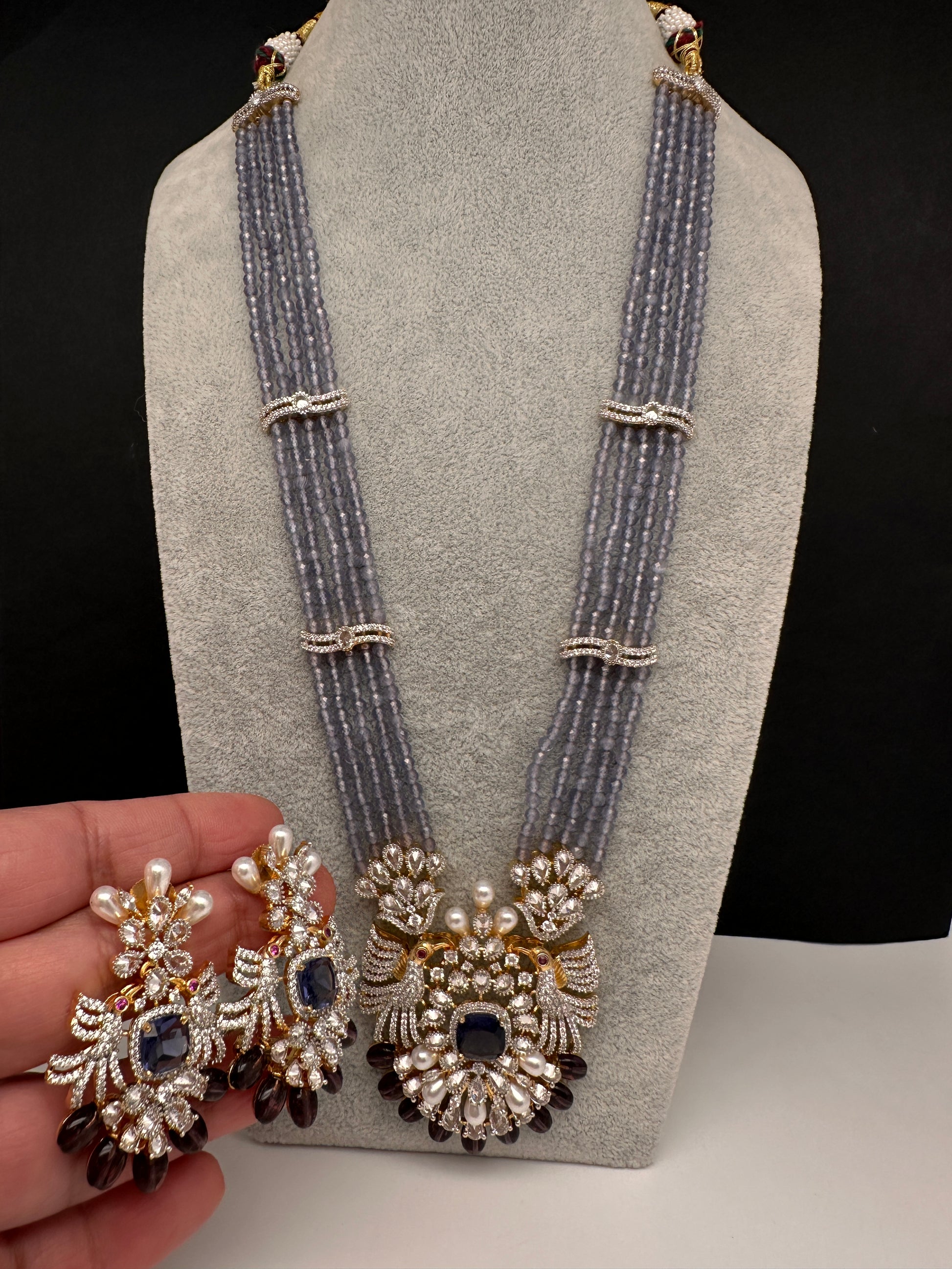 CZ Beads Birdie Long Color Stone Necklace - Purple