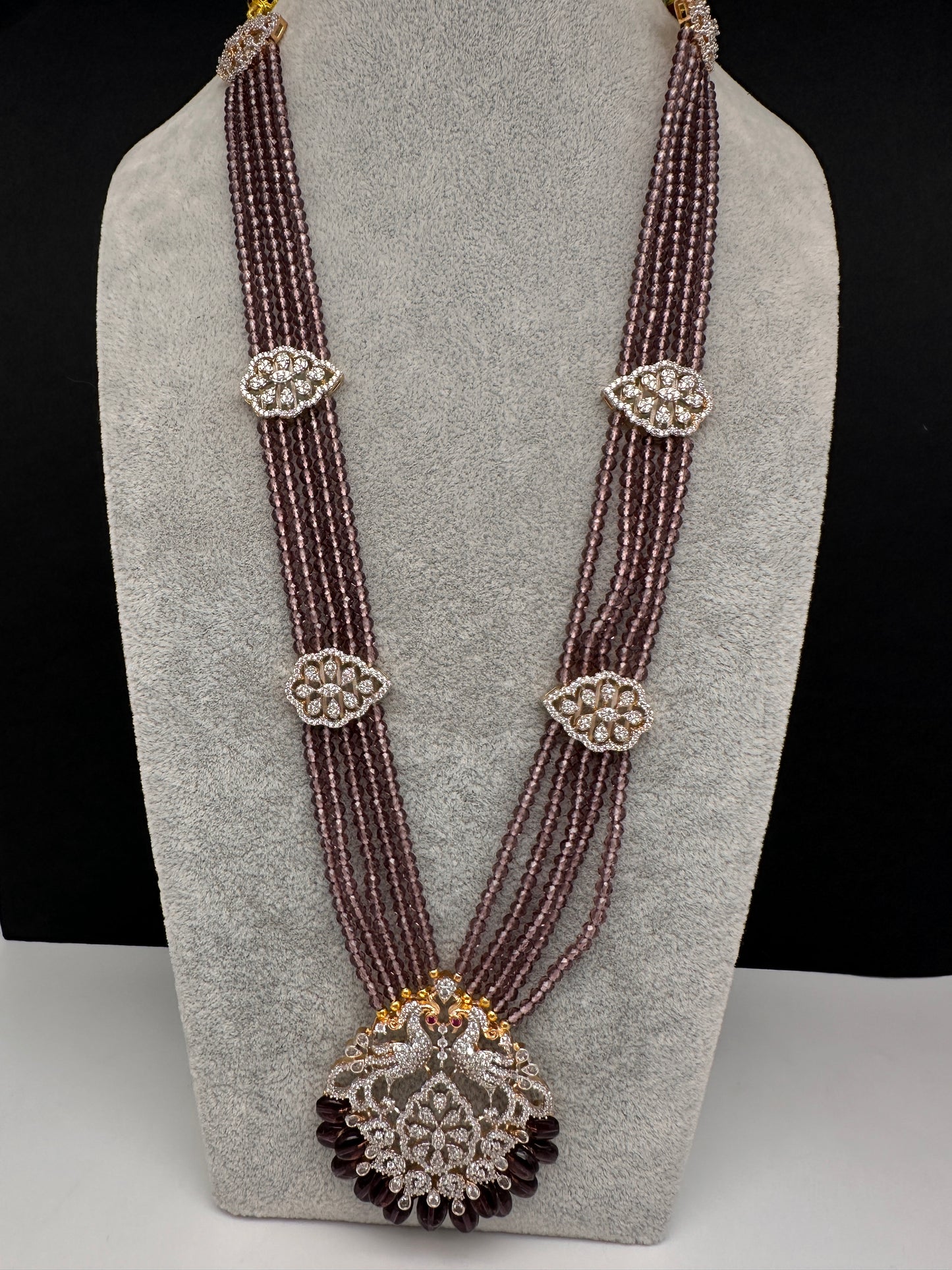 CZ Beads Birdie Long Color Stone Necklace - Purple