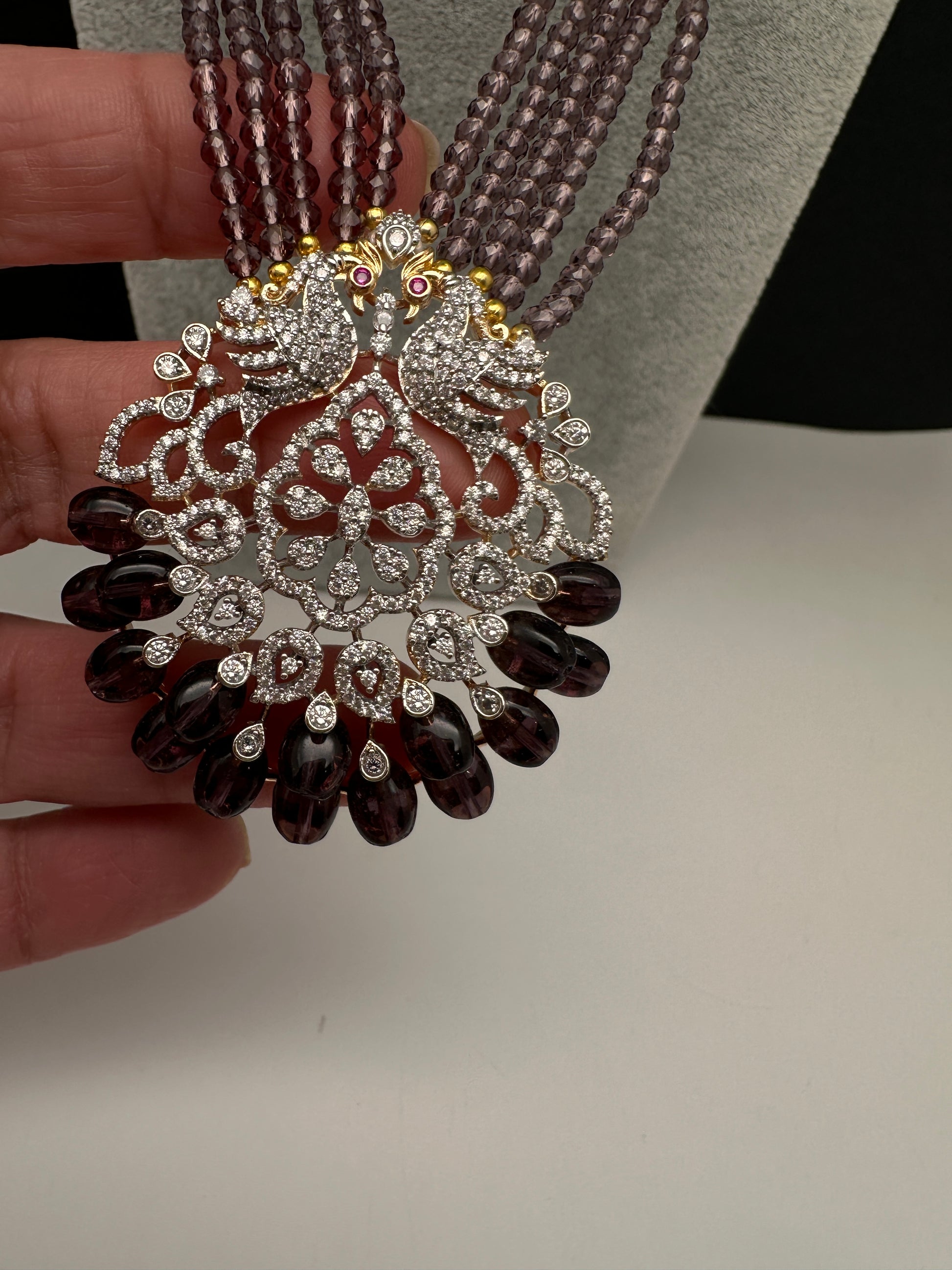 CZ Beads Birdie Long Color Stone Necklace - Purple