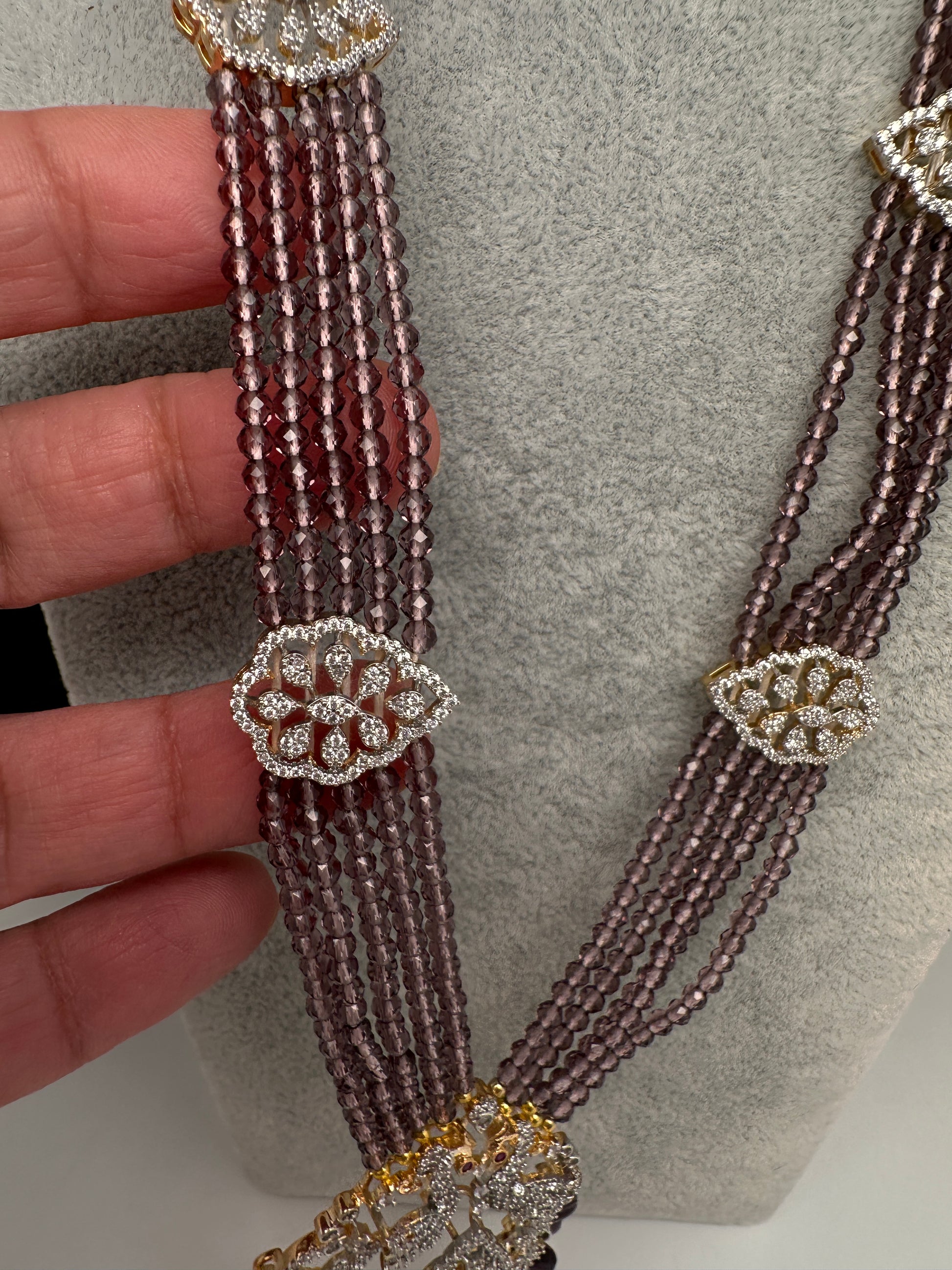 CZ Beads Birdie Long Color Stone Necklace - Purple