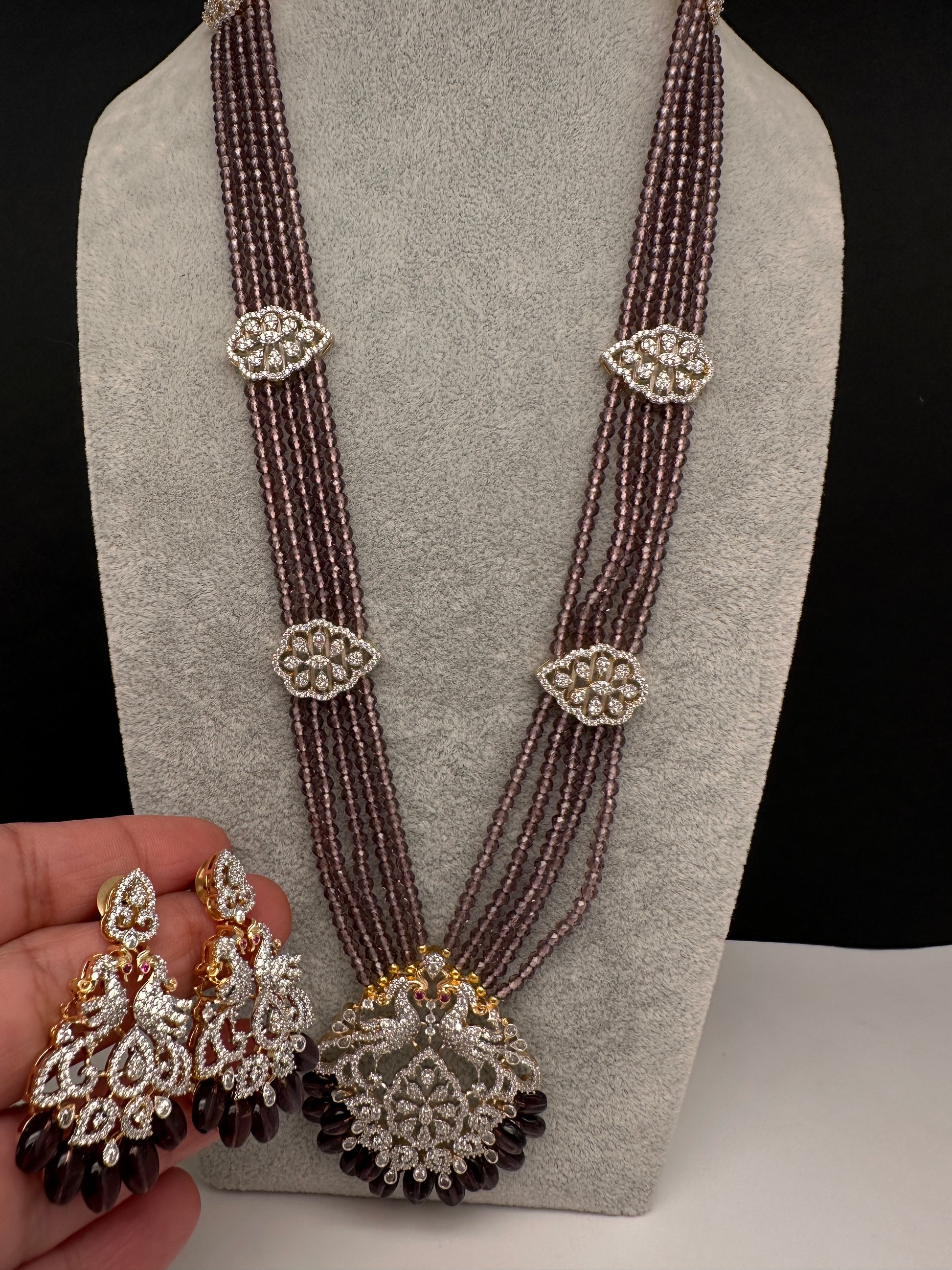 CZ Beads Birdie Long Color Stone Necklace - Purple