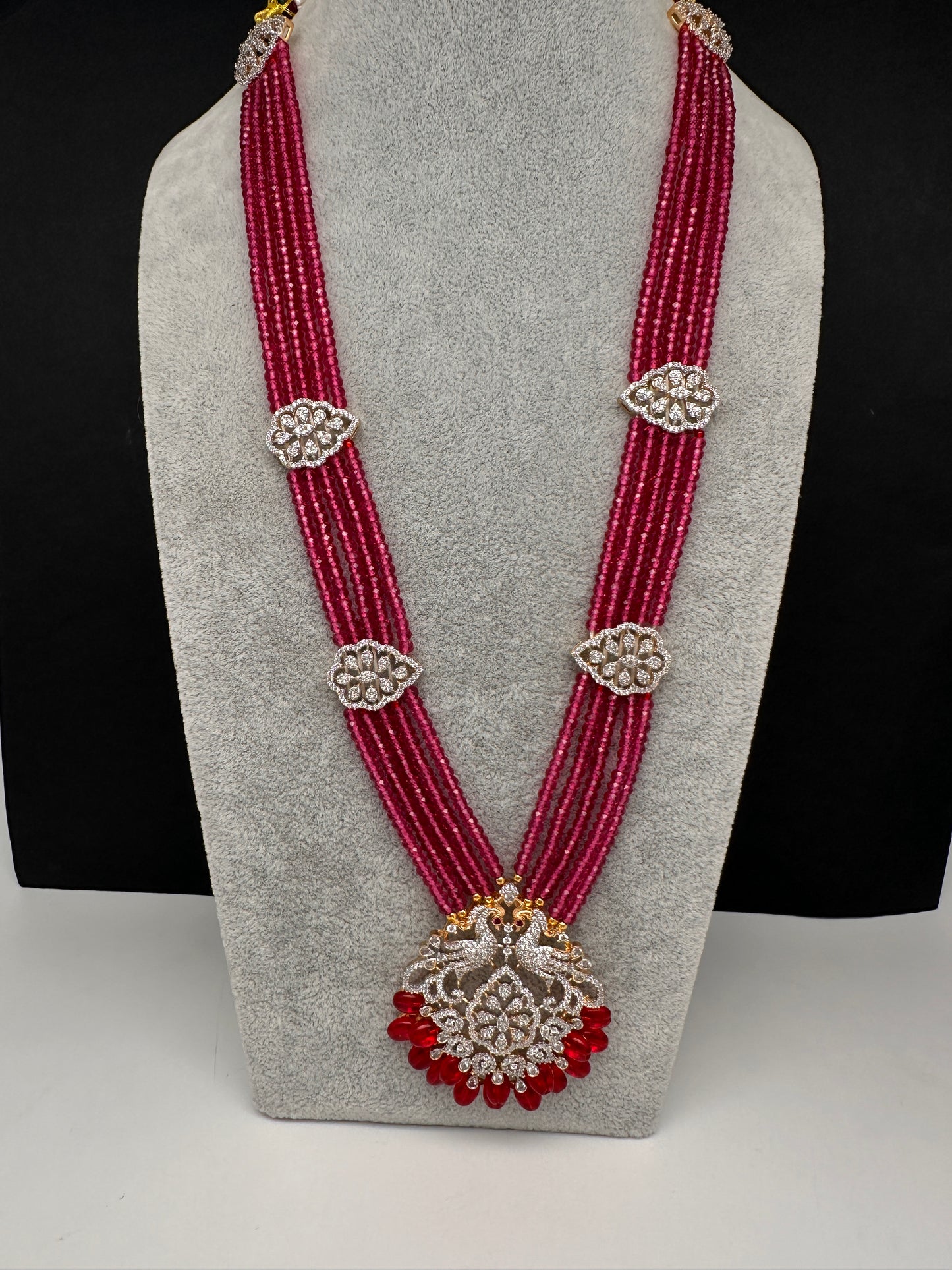 CZ Beads Birdie Long Color Stone Necklace - Red